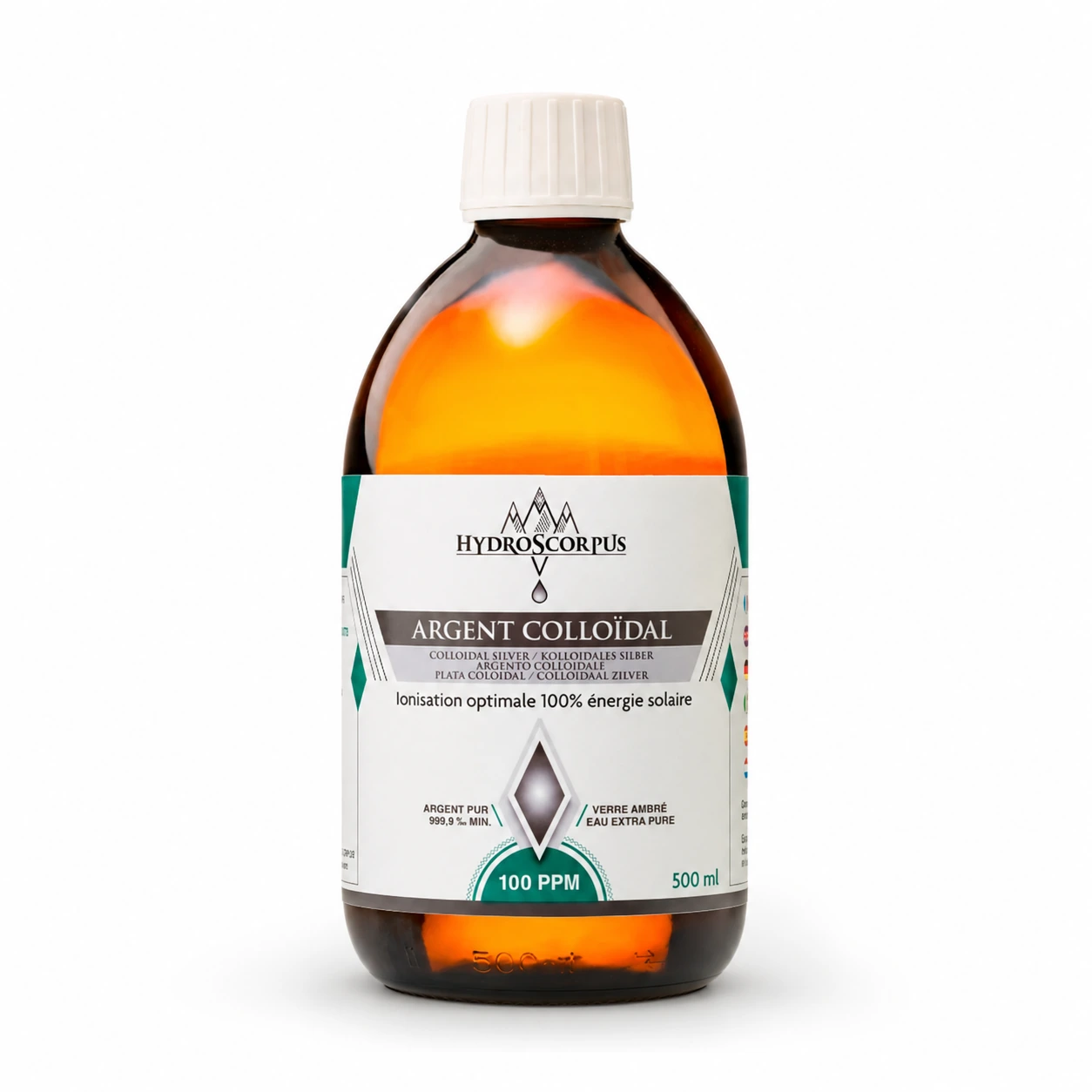 Bouteille d’argent colloïdal Hydroscorpus 100 PPM en verre ambré de 500 ml sur fond blanc.