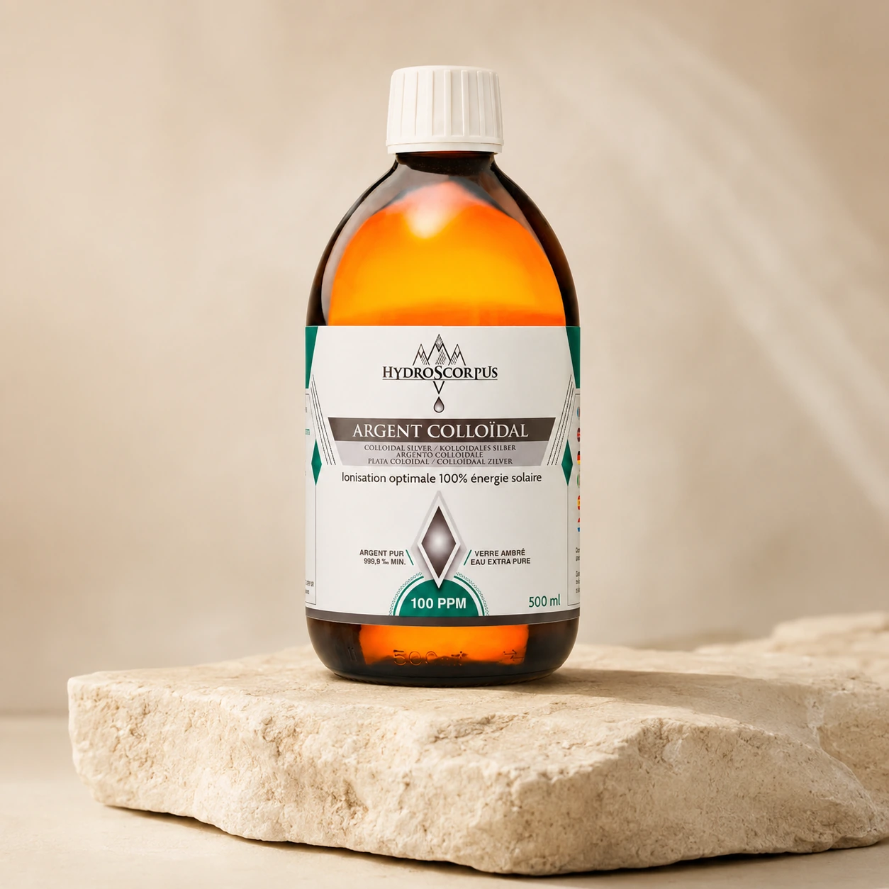 Bouteille d’argent colloïdal Hydroscorpus 100 PPM 500 ml en vue alternative.