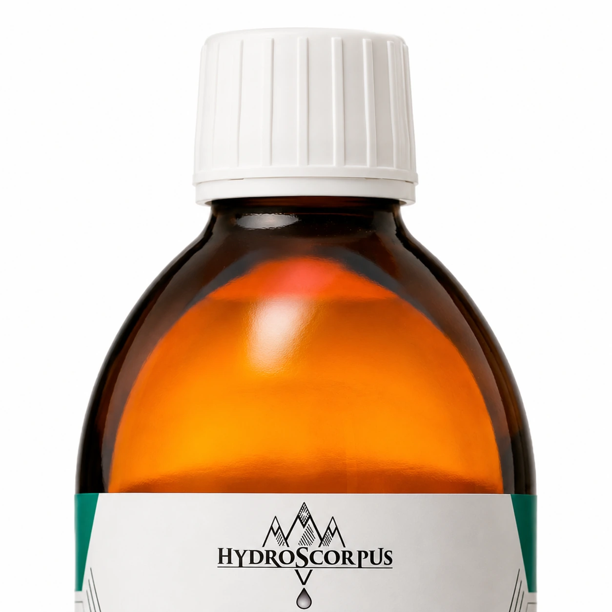 Détail du bouchon blanc et du verre ambré d’une bouteille Hydroscorpus d’argent colloïdal 100 PPM de 500 ml.