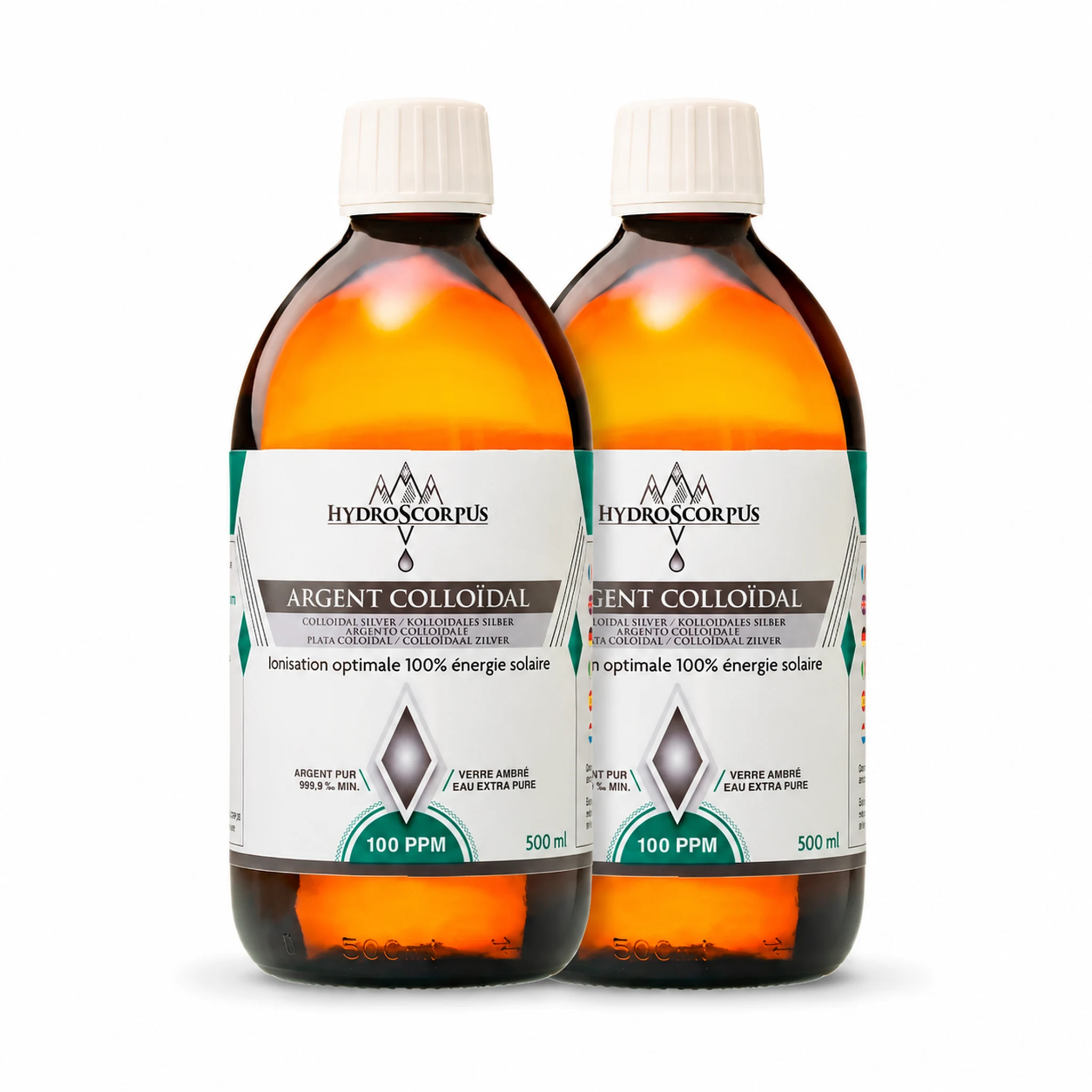Lot de 2 bouteilles d’argent colloïdal Hydroscorpus 100 PPM en verre ambré 500 ml.