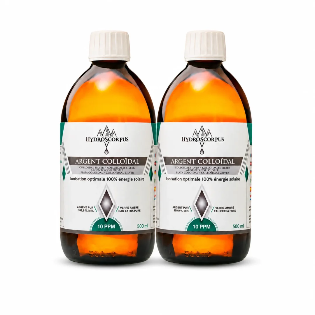 Lot de 2 bouteilles d’argent colloïdal Hydroscorpus 10 PPM en verre ambré de 500 ml.