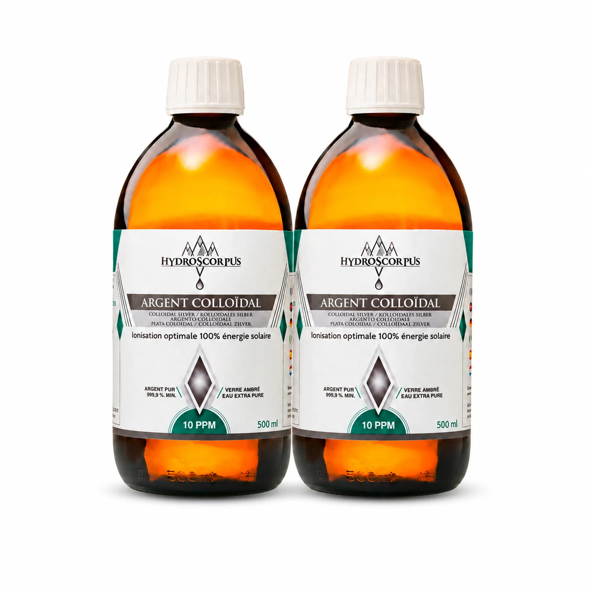 Lot de 2 bouteilles d’argent colloïdal Hydroscorpus 10 PPM en verre ambré de 500 ml.