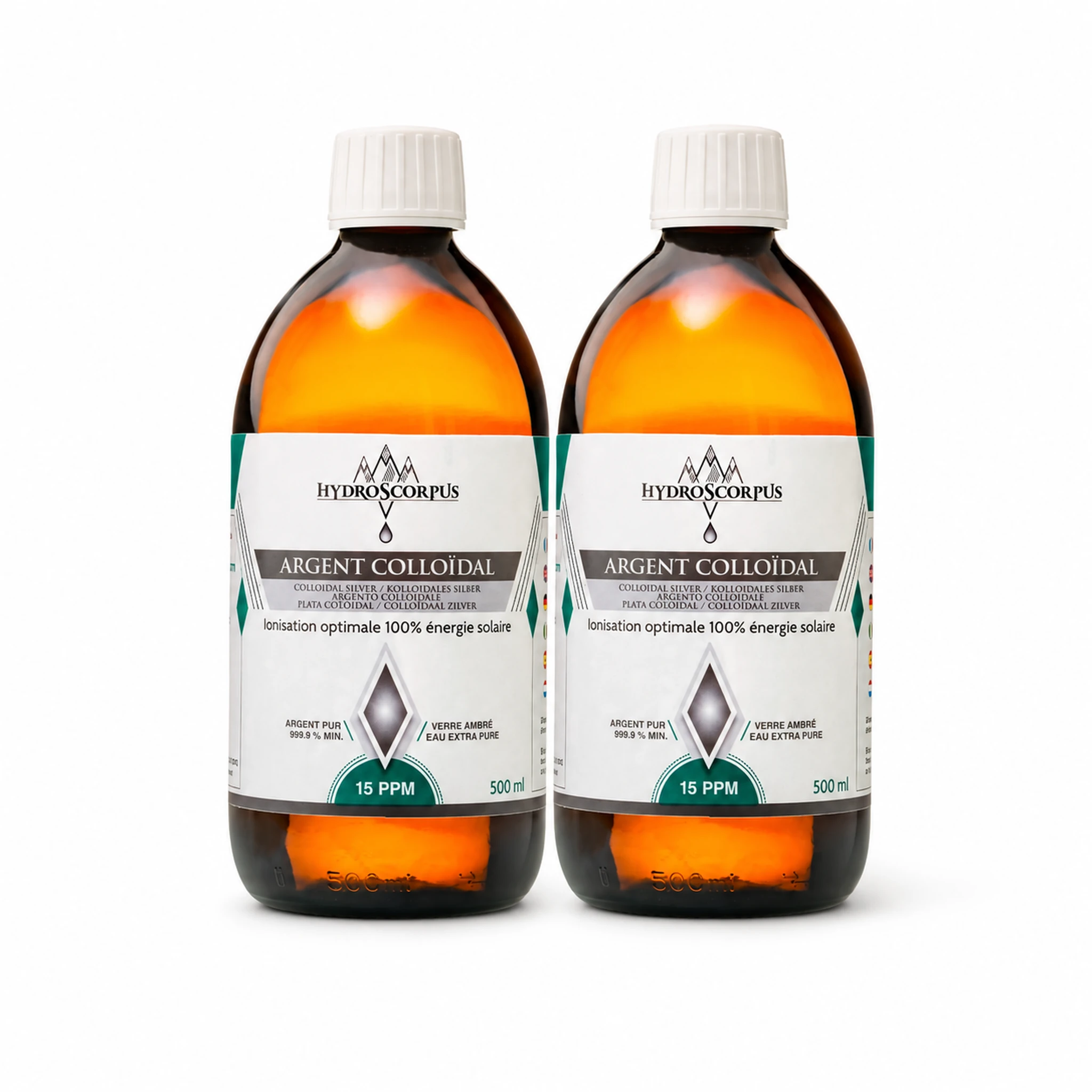Lot de 2 bouteilles d’argent colloïdal Hydroscorpus 15 PPM en verre ambré de 500 ml.