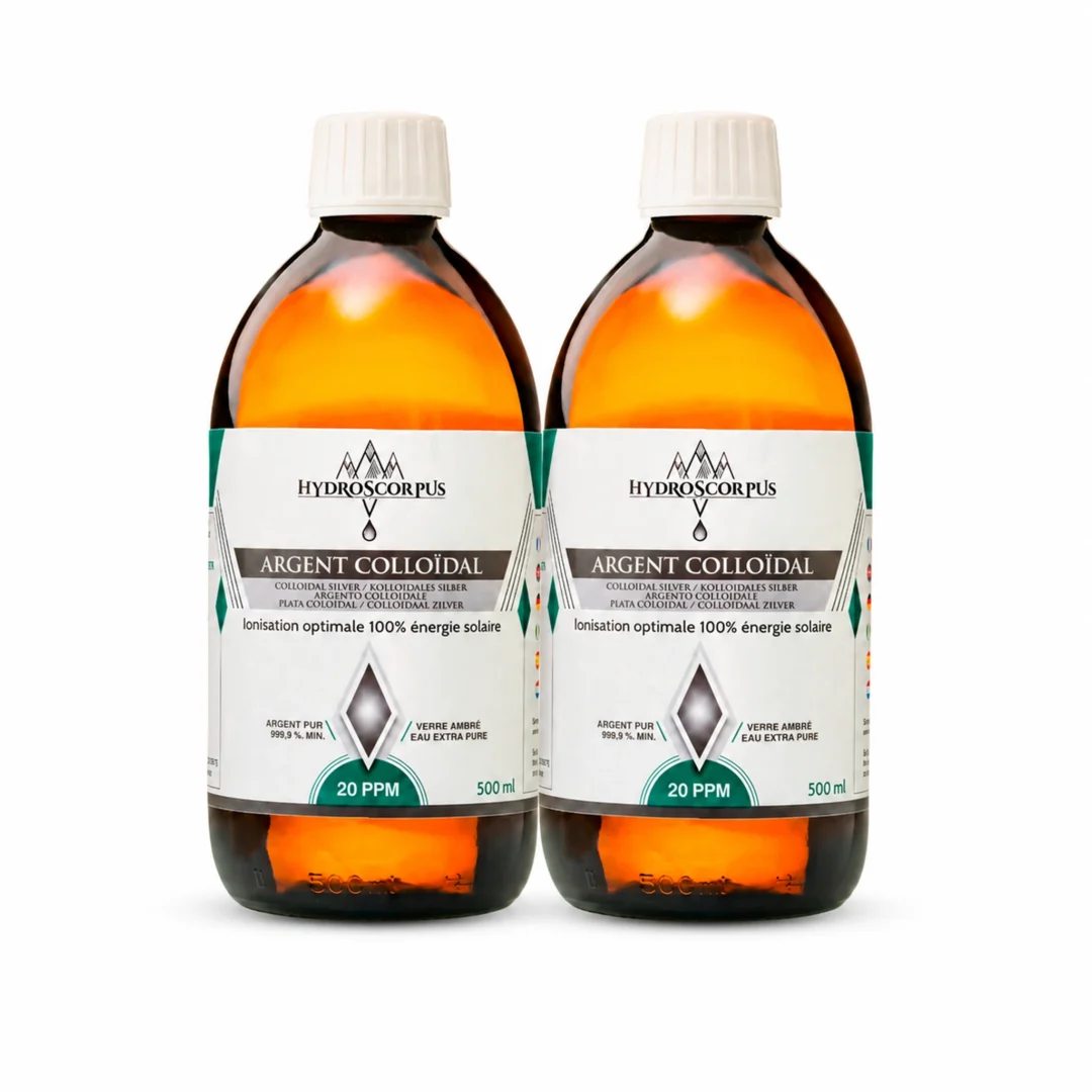 Lot de 2 bouteilles d’argent colloïdal Hydroscorpus 20 PPM en verre ambré de 500 ml.
