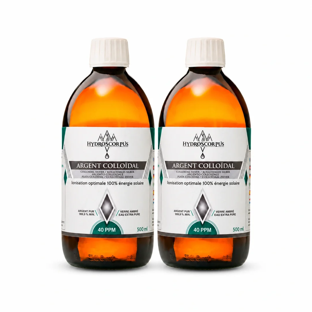 Lot de 2 bouteilles d’argent colloïdal Hydroscorpus 40 PPM en verre ambré de 500 ml.