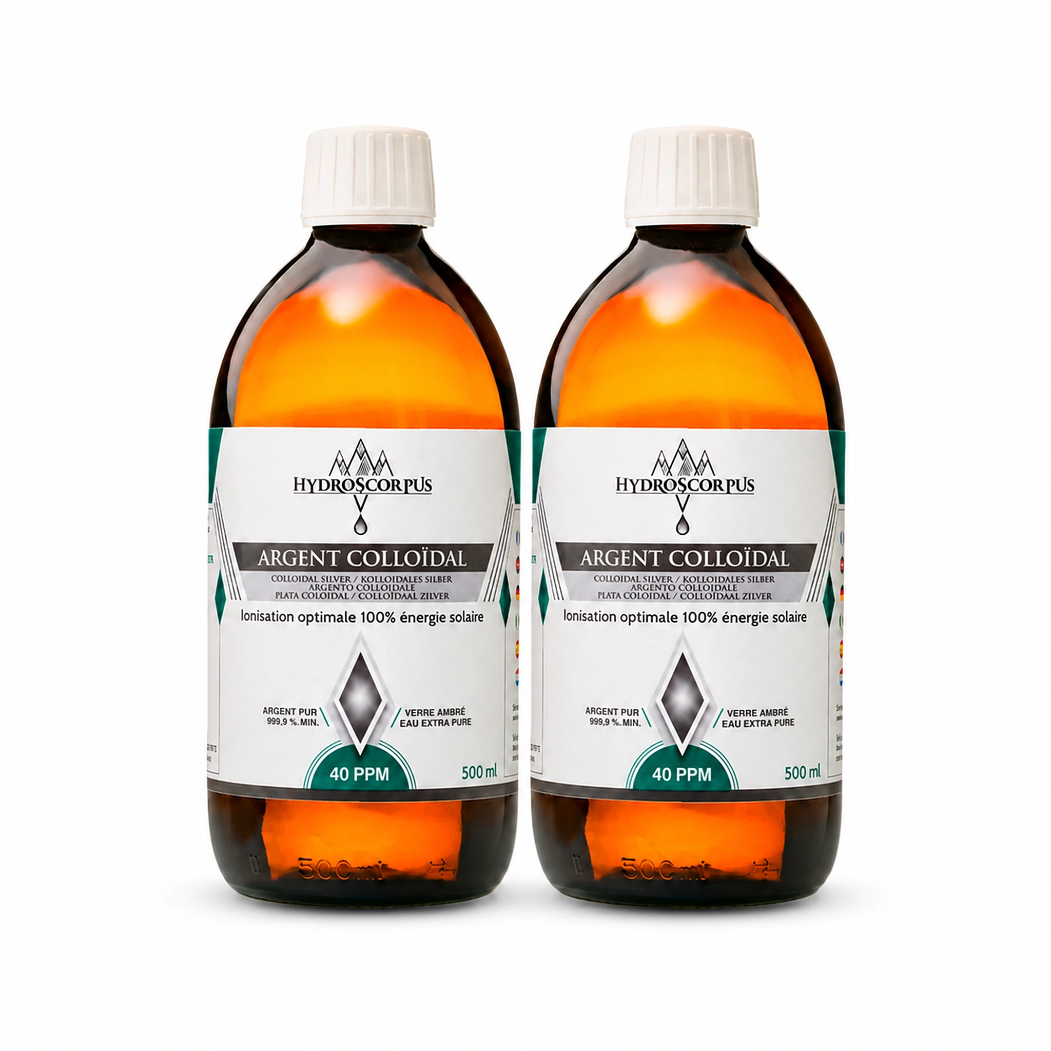 Lot de 2 bouteilles d’argent colloïdal Hydroscorpus 40 PPM en verre ambré de 500 ml.