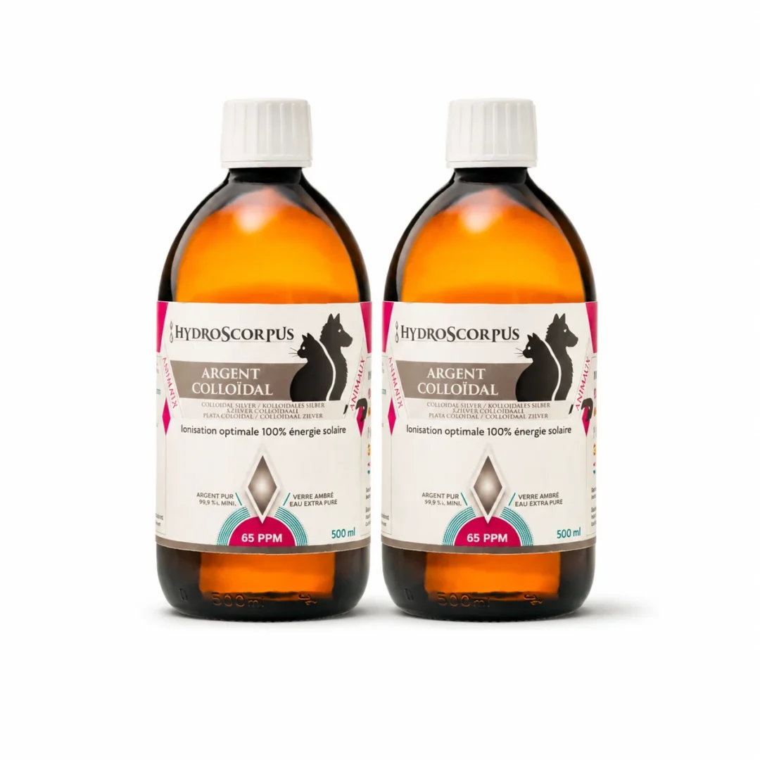 Lot de 2 bouteilles d’argent colloïdal Hydroscorpus 65 PPM pour animaux en verre ambré de 500 ml.