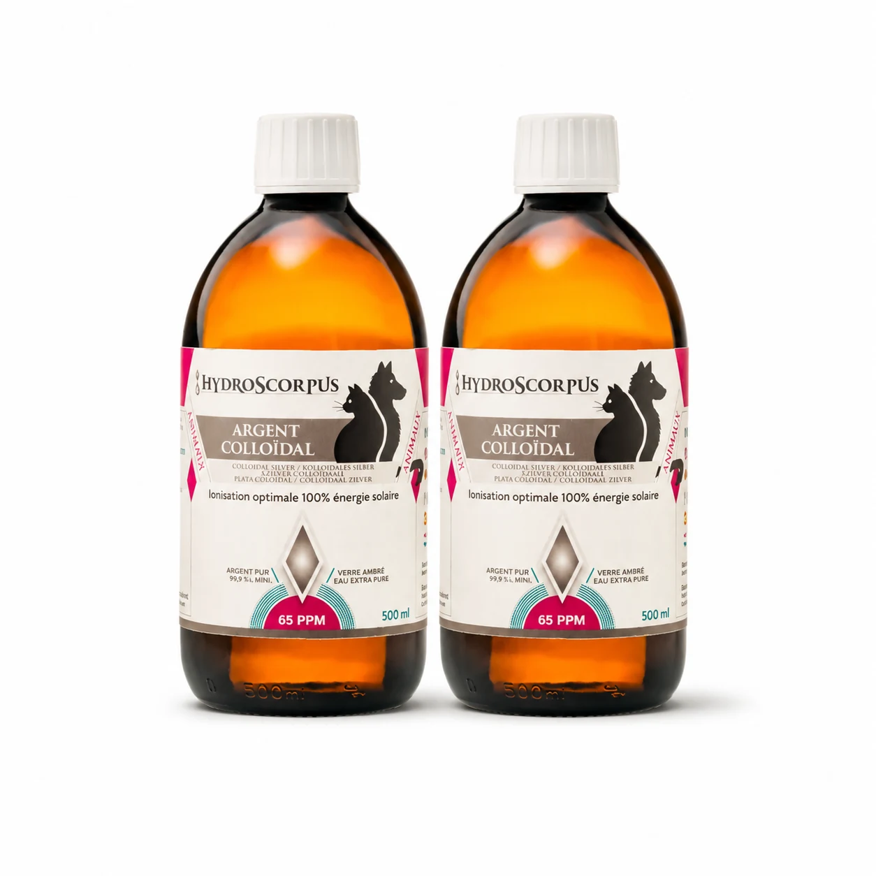 Lot de 2 bouteilles d’argent colloïdal Hydroscorpus 65 PPM pour animaux en verre ambré de 500 ml.