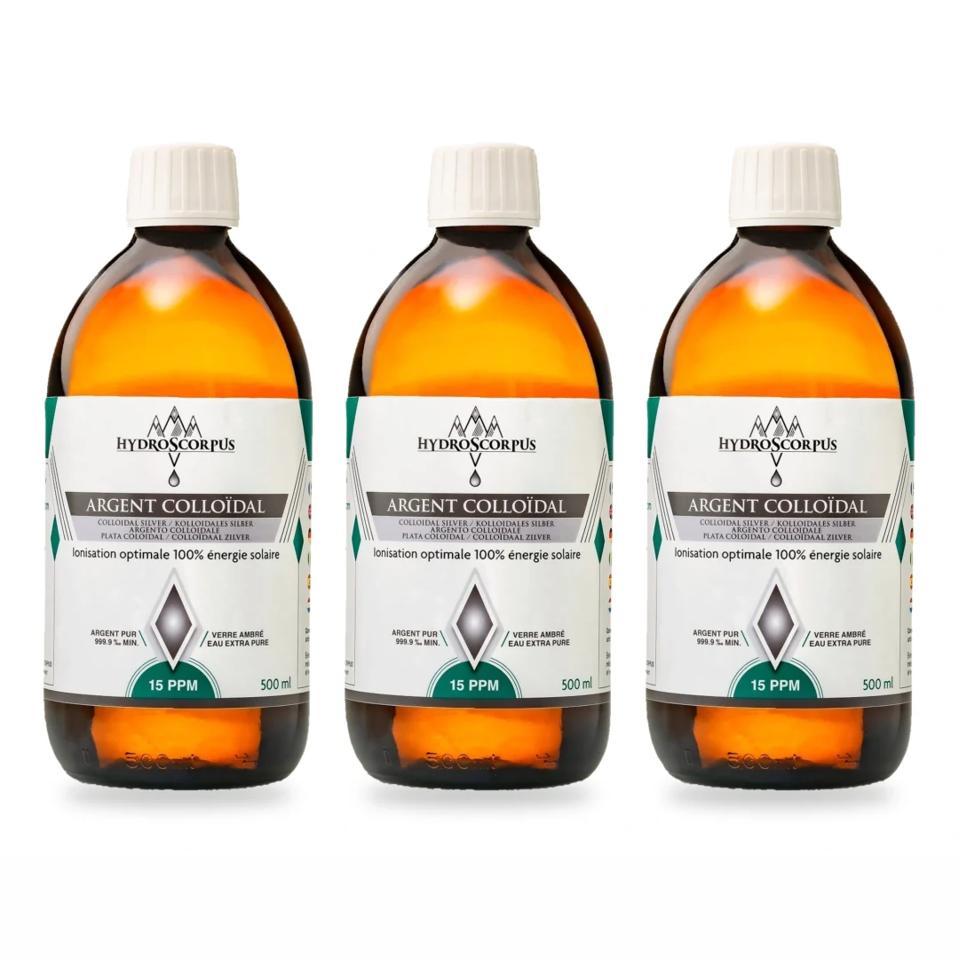 Lot de 3 bouteilles d’argent colloïdal Hydroscorpus 15 PPM en verre ambré de 500 ml.