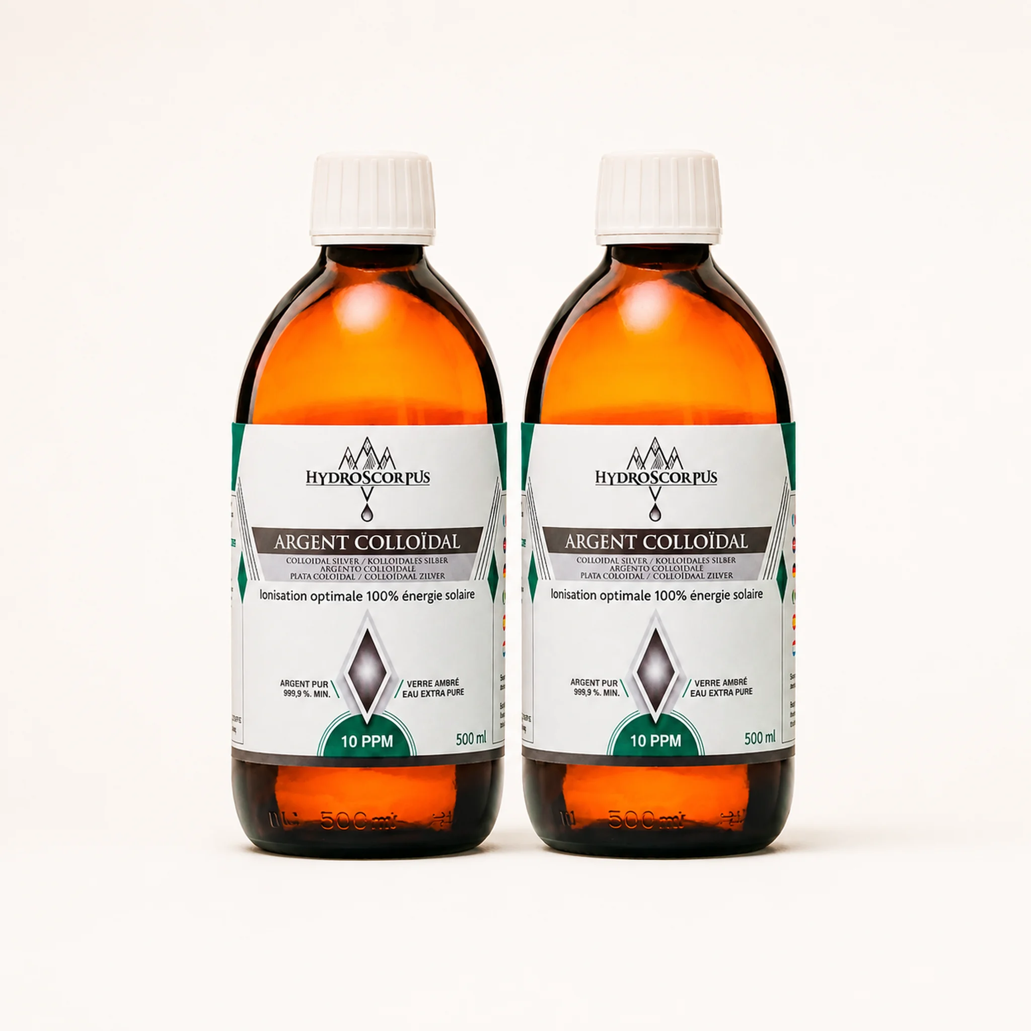 Lot de 2 bouteilles d’argent colloïdal Hydroscorpus 10 PPM en verre ambré 500 ml en vue alternative.