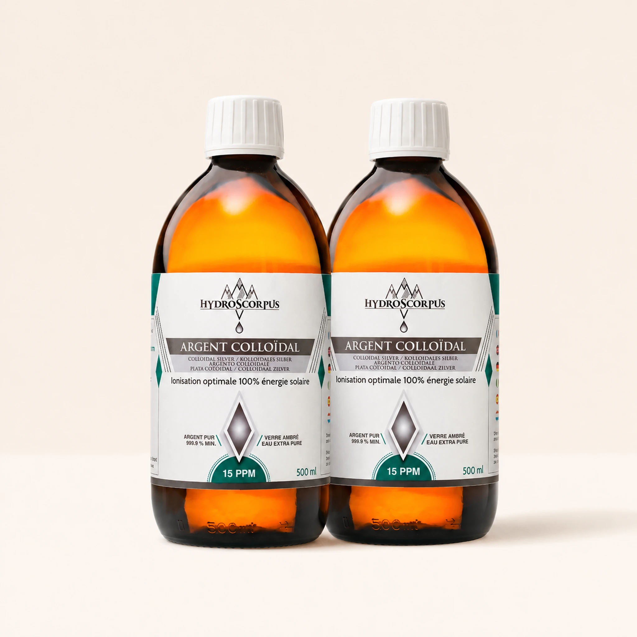 Lot de 2 bouteilles d’argent colloïdal Hydroscorpus 15 PPM en verre ambré 500 ml en vue alternative.