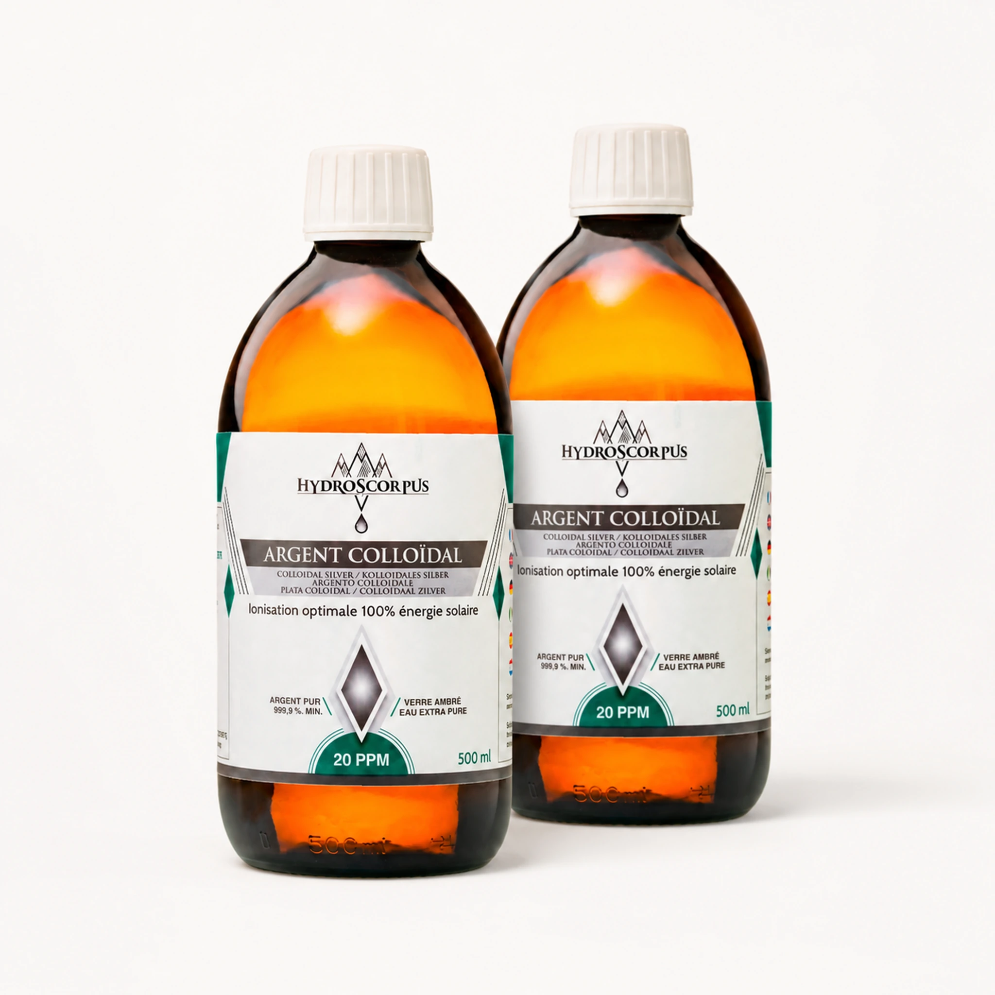 Lot de 2 bouteilles d’argent colloïdal Hydroscorpus 20 PPM en verre ambré 500 ml en vue alternative.