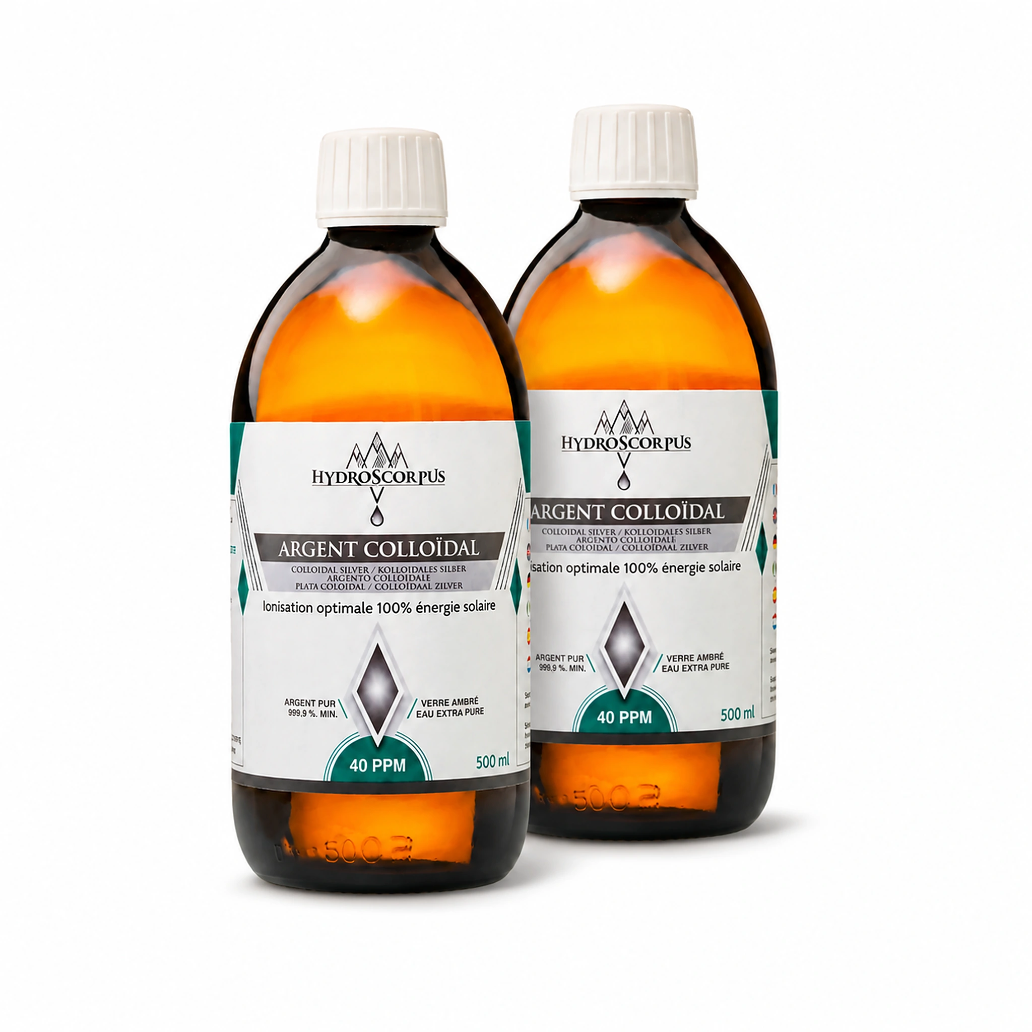 Lot de 2 bouteilles d’argent colloïdal Hydroscorpus 40 PPM en verre ambré 500 ml en vue alternative.
