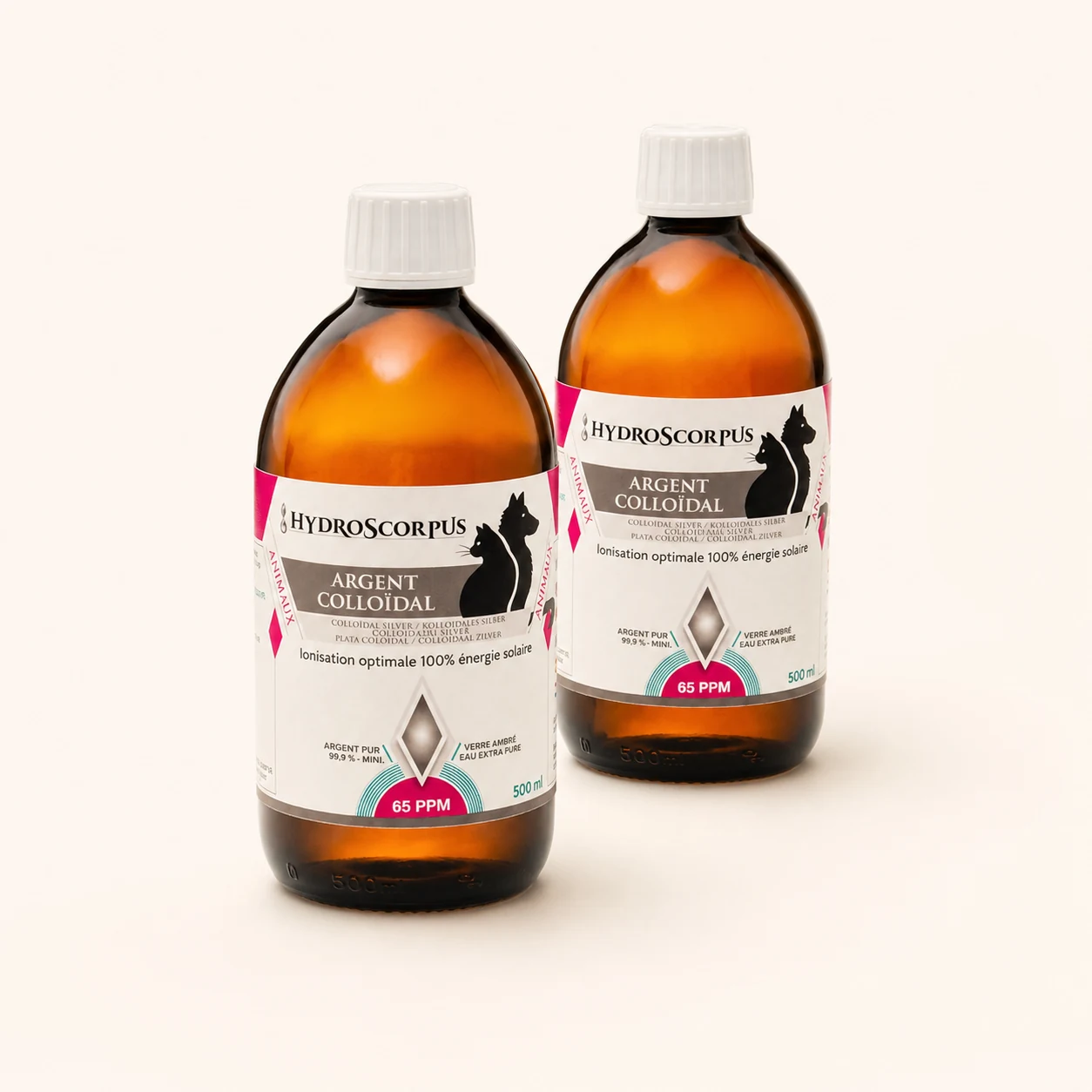 Lot de 2 bouteilles d’argent colloïdal Hydroscorpus 65 PPM pour animaux en verre ambré 500 ml en vue alternative.