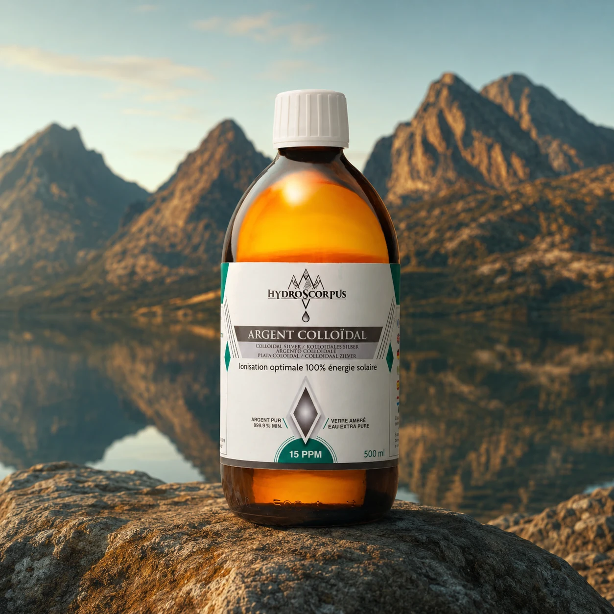 Gros plan de l’étiquette d’une bouteille Hydroscorpus d’argent colloïdal 15 PPM de 500 ml.