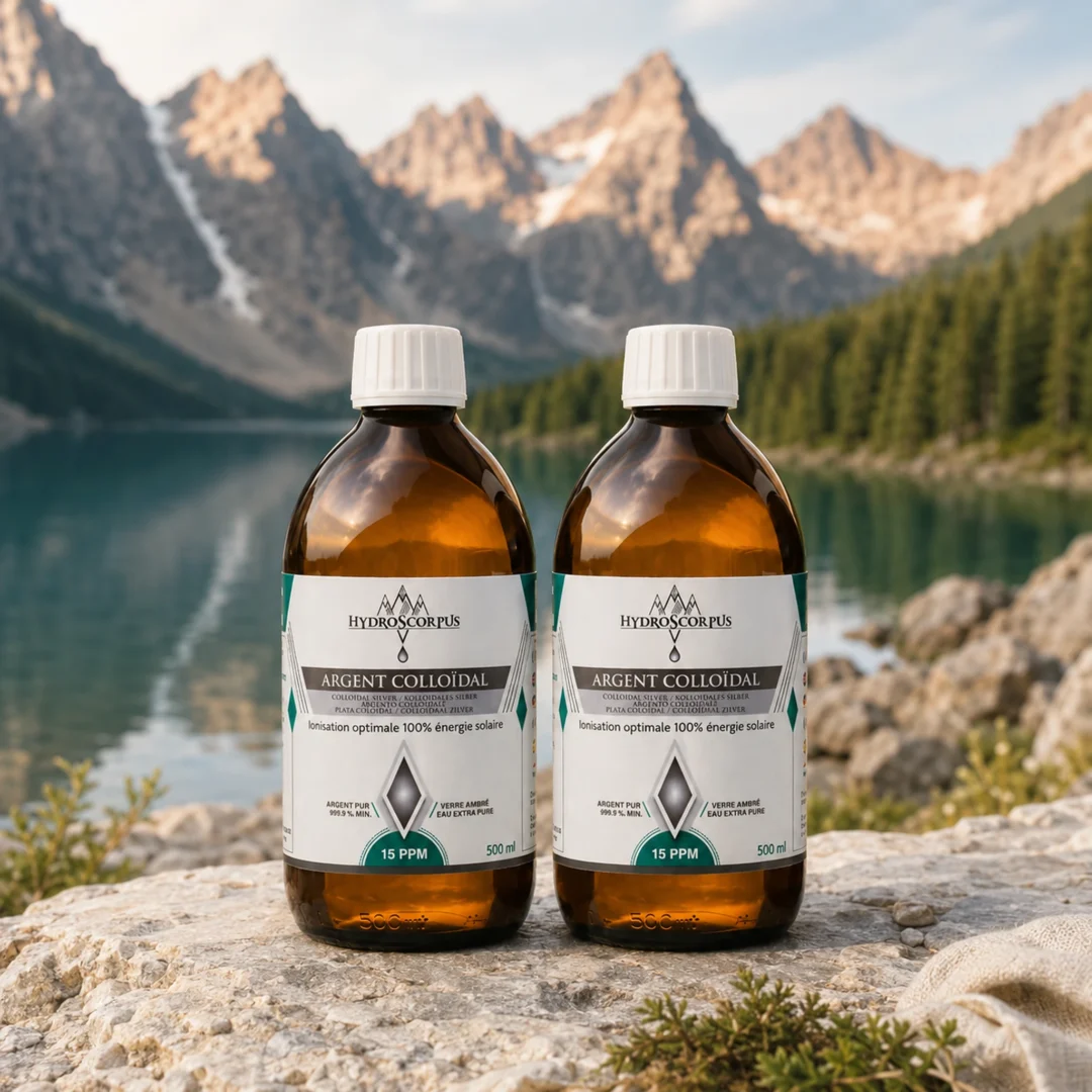 Lot de 2 bouteilles d’argent colloïdal Hydroscorpus 15 PPM en verre ambré 500 ml devant un lac et des montagnes.