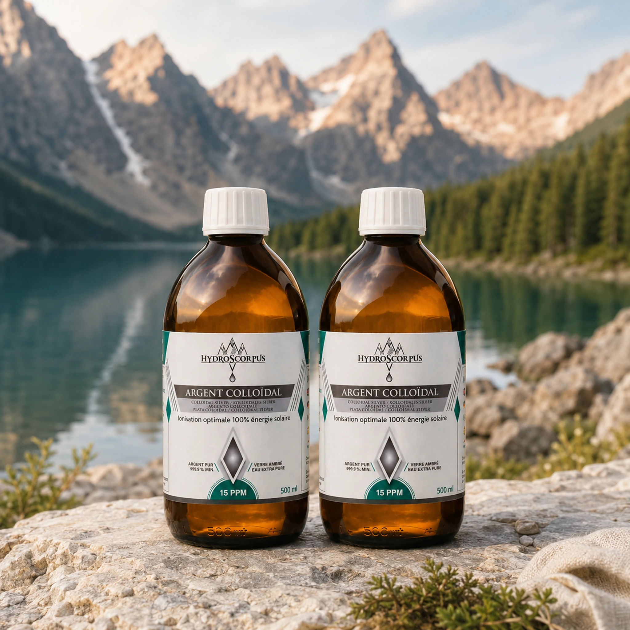 Lot de 2 bouteilles d’argent colloïdal Hydroscorpus 15 PPM en verre ambré 500 ml devant un lac et des montagnes.