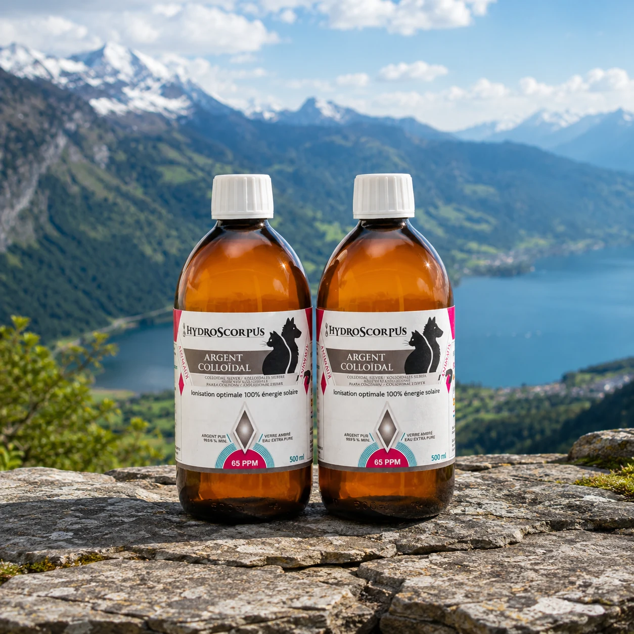Lot de 2 bouteilles d’argent colloïdal Hydroscorpus 65 PPM pour animaux en verre ambré 500 ml devant un lac et des montagnes.