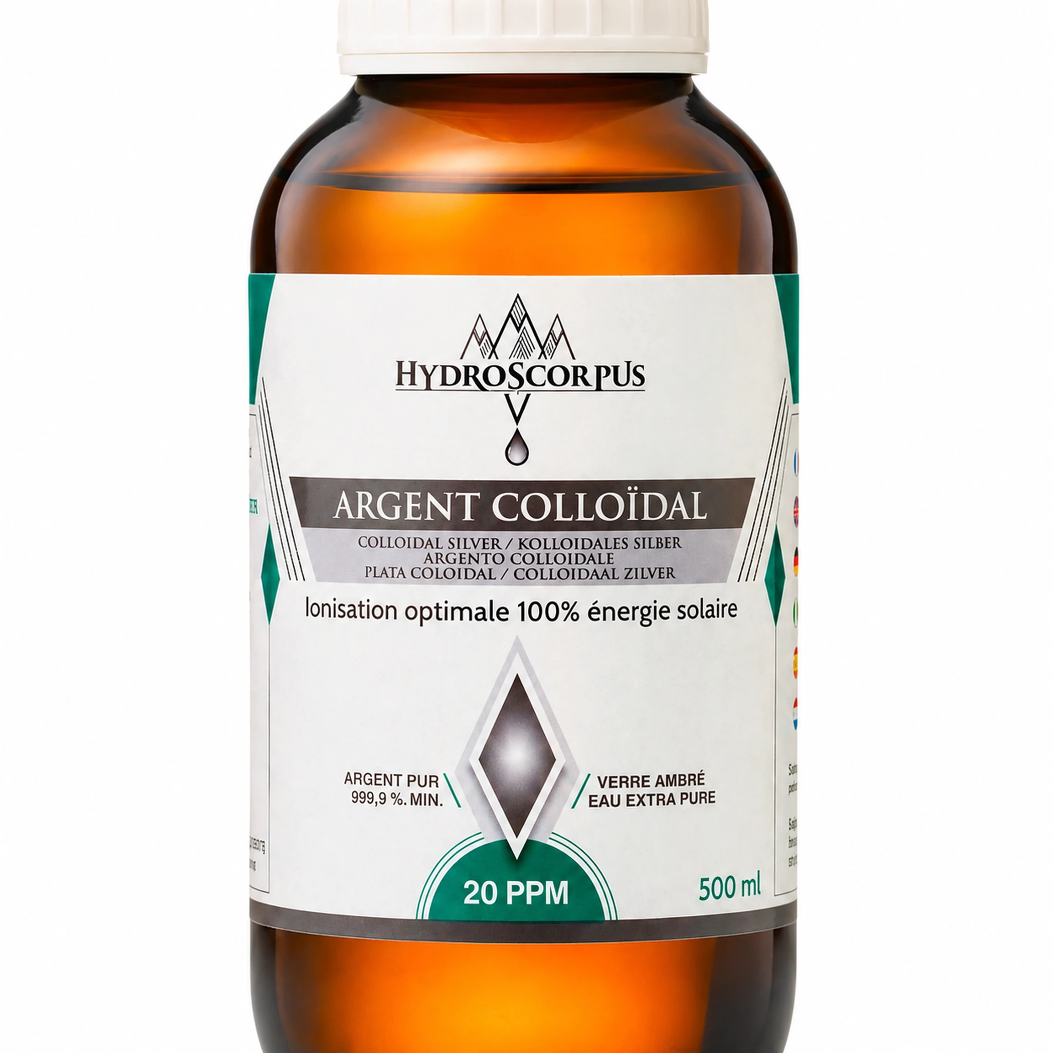 Gros plan de l’étiquette d’une bouteille Hydroscorpus d’argent colloïdal 20 PPM de 500 ml.