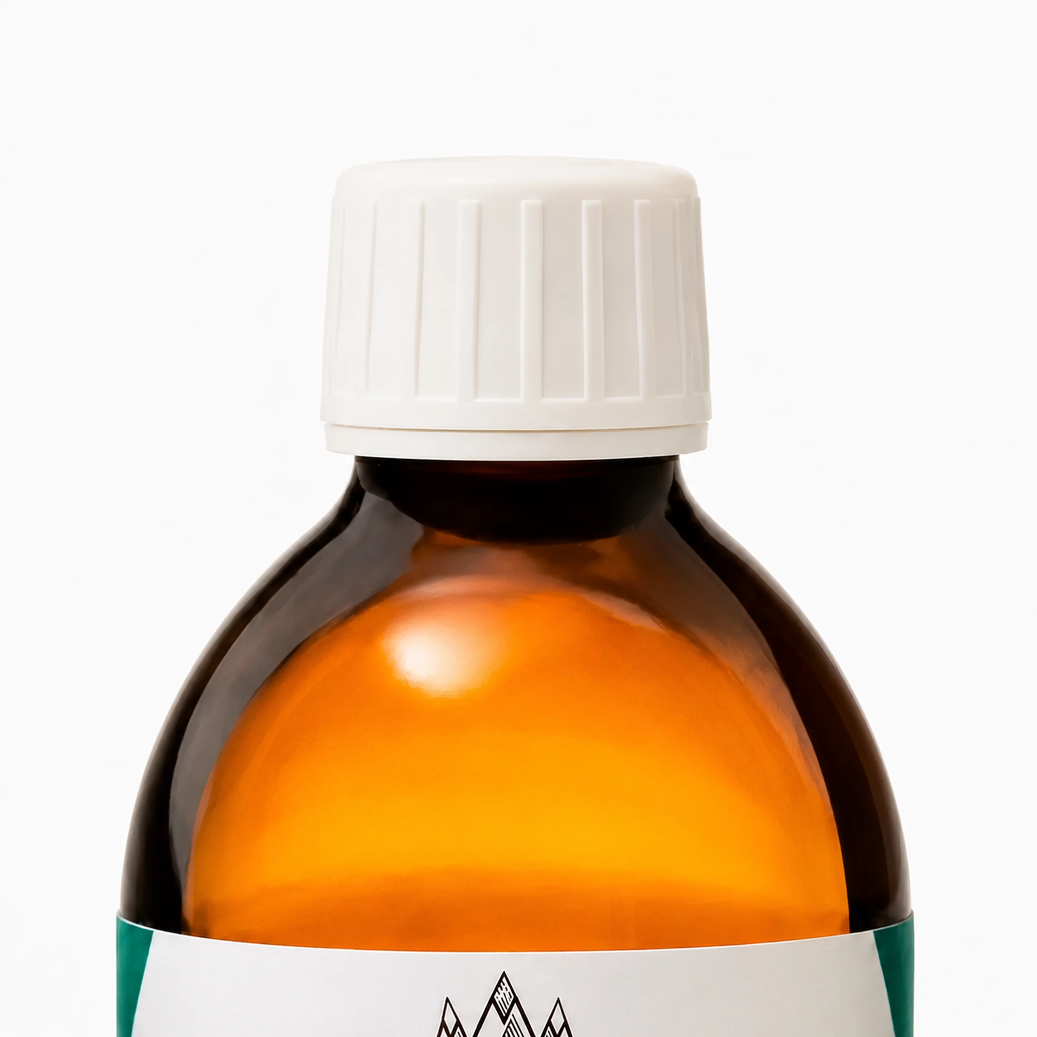 Détail du bouchon blanc et du verre ambré d’une bouteille Hydroscorpus d’argent colloïdal 10 PPM de 500 ml.