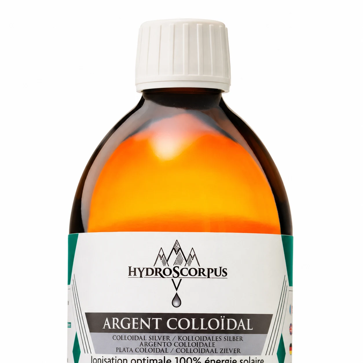 Détail du bouchon blanc et du verre ambré d’une bouteille Hydroscorpus d’argent colloïdal 15 PPM de 500 ml.