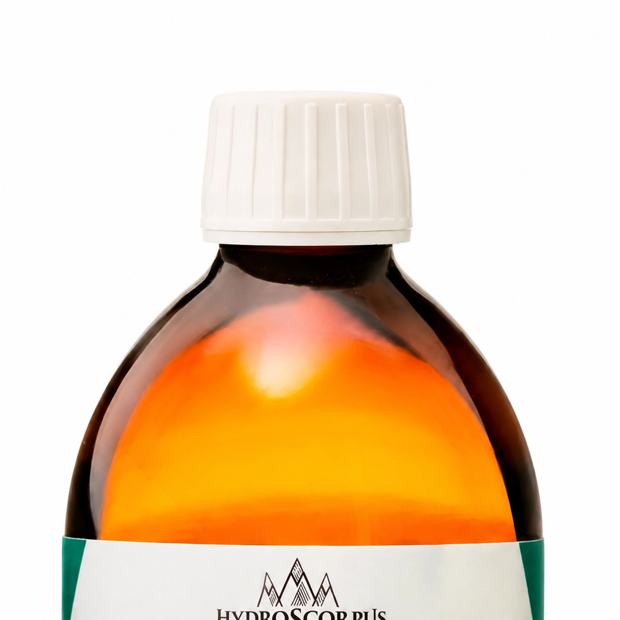 Détail du bouchon blanc et du verre ambré d’une bouteille Hydroscorpus d’argent colloïdal 20 PPM de 500 ml.