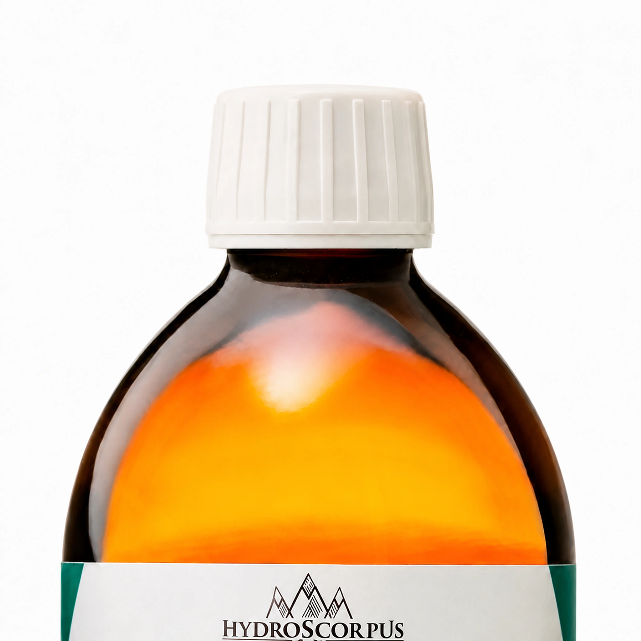 Détail du bouchon blanc et du verre ambré d’une bouteille Hydroscorpus d’argent colloïdal 40 PPM de 500 ml.