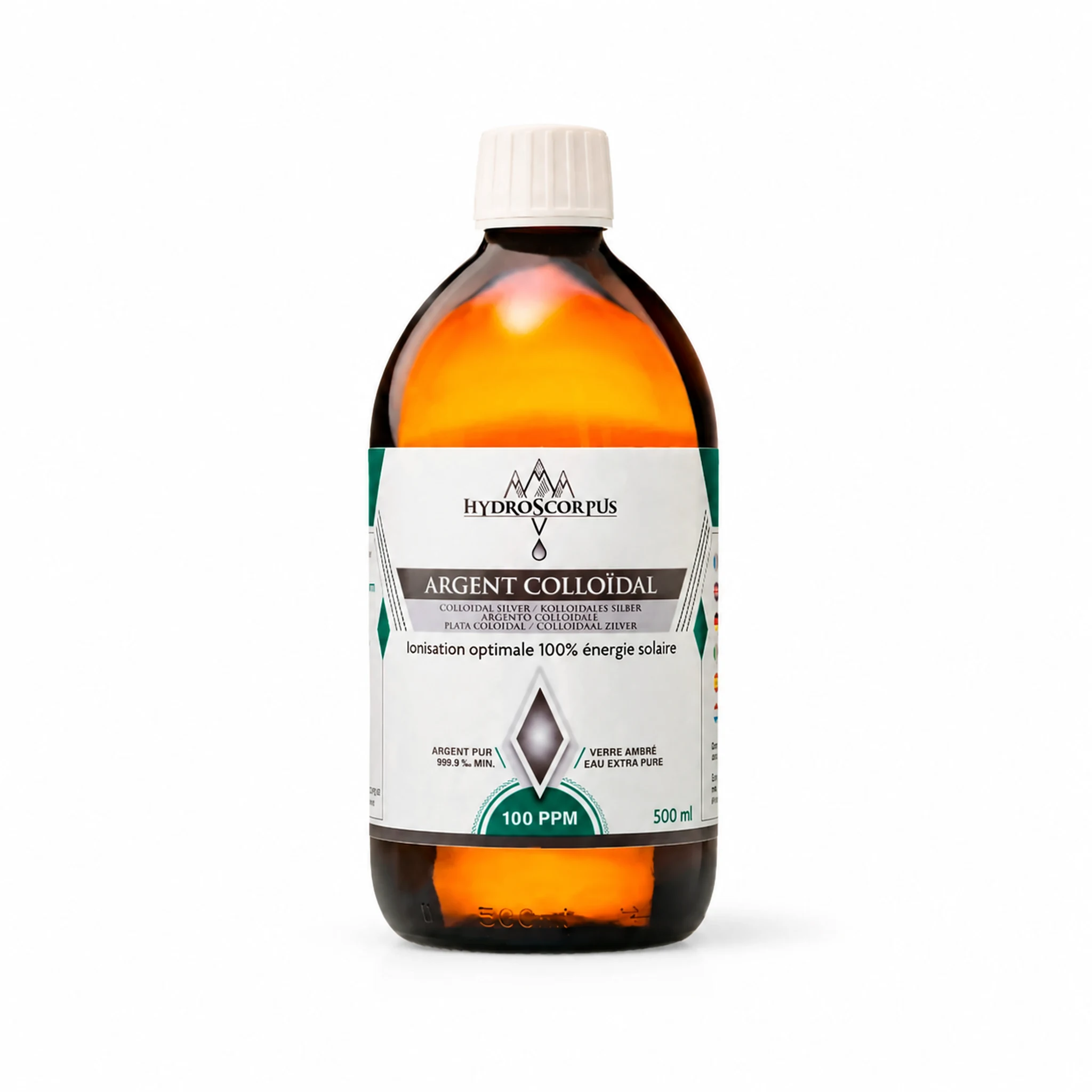 Bouteille en verre ambré Hydroscorpus de 500 ml d’argent colloïdal 100 PPM sur fond blanc.