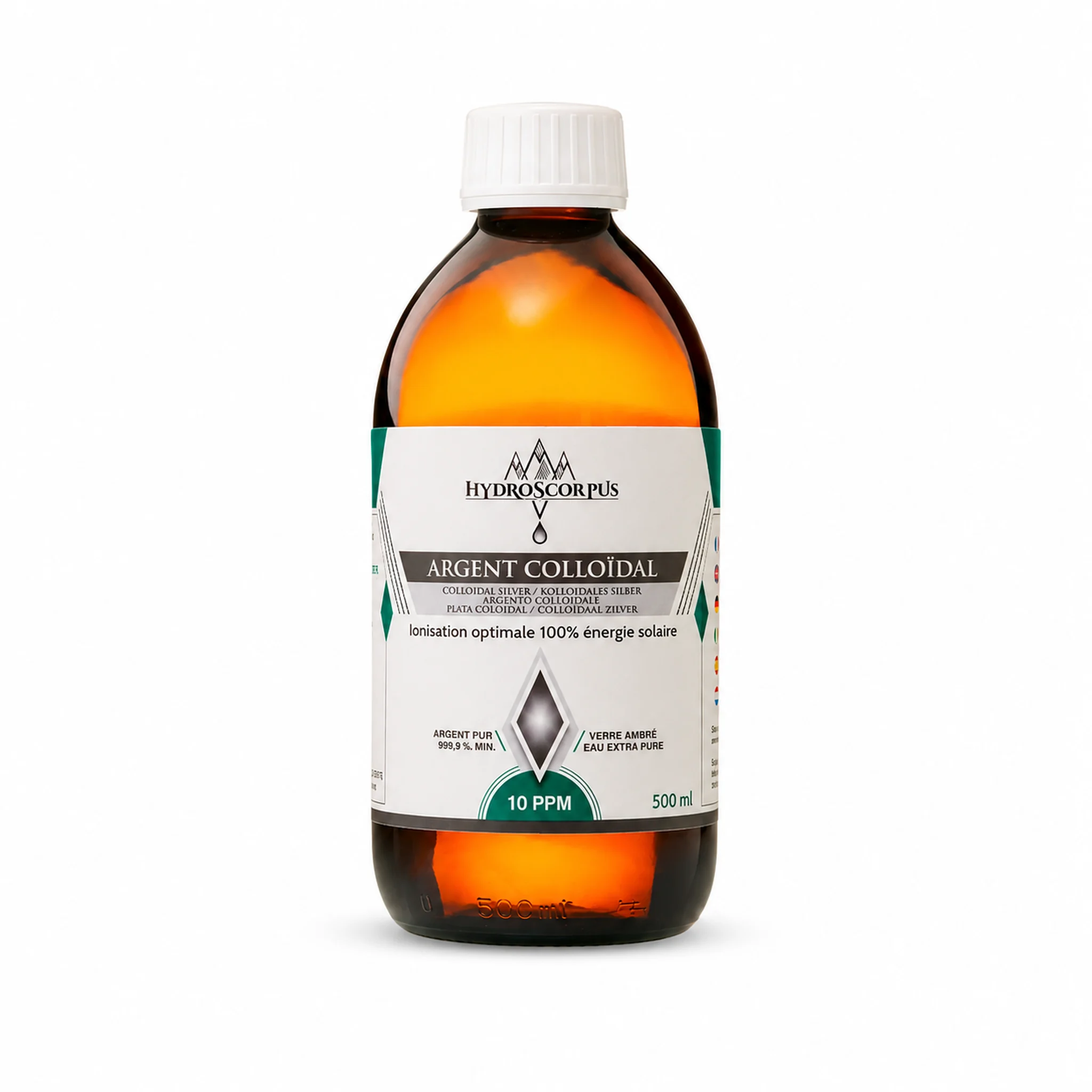 Bouteille en verre ambré Hydroscorpus de 500 ml d’argent colloïdal 10 PPM sur fond blanc.