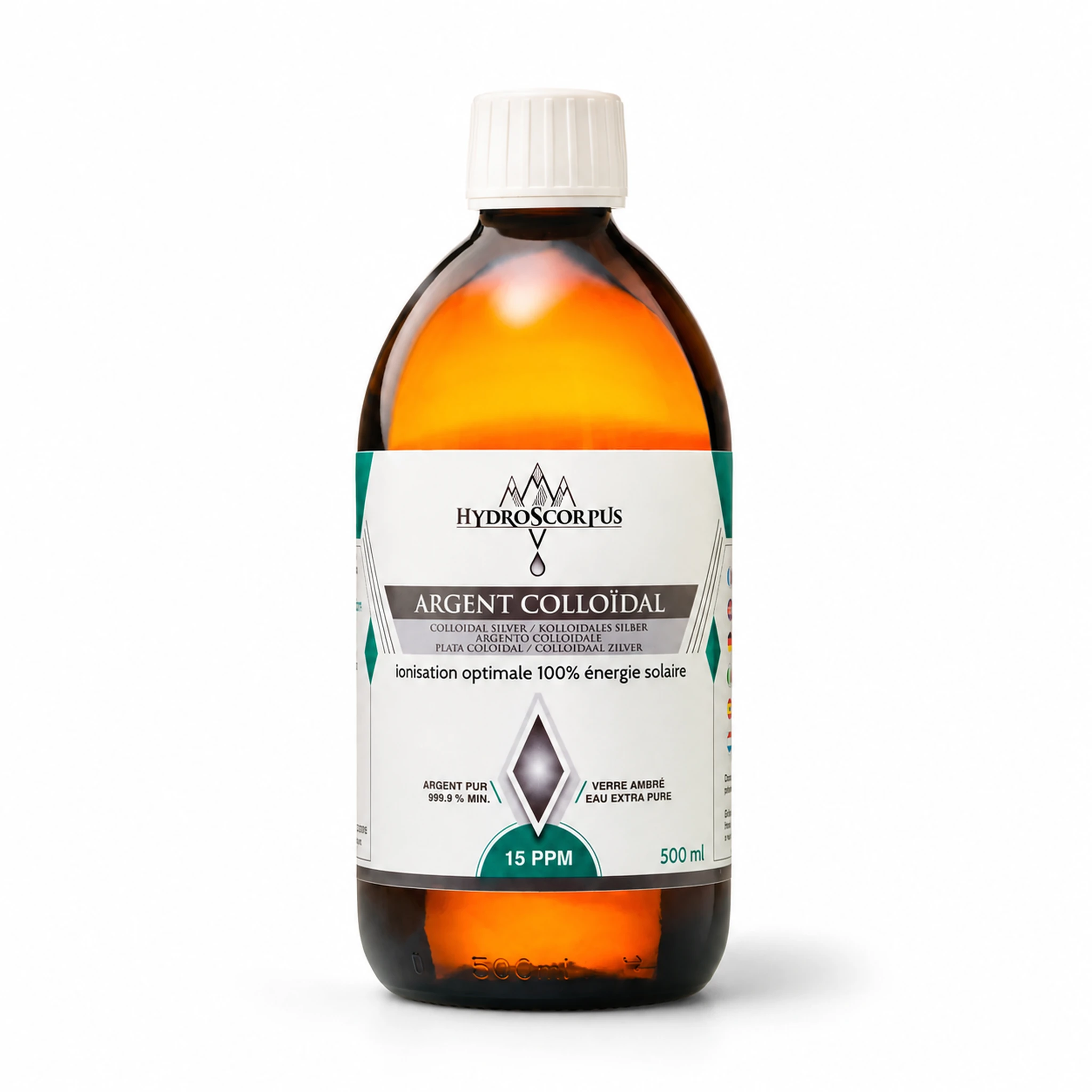 Bouteille en verre ambré Hydroscorpus de 500 ml d’argent colloïdal 15 PPM sur fond blanc.