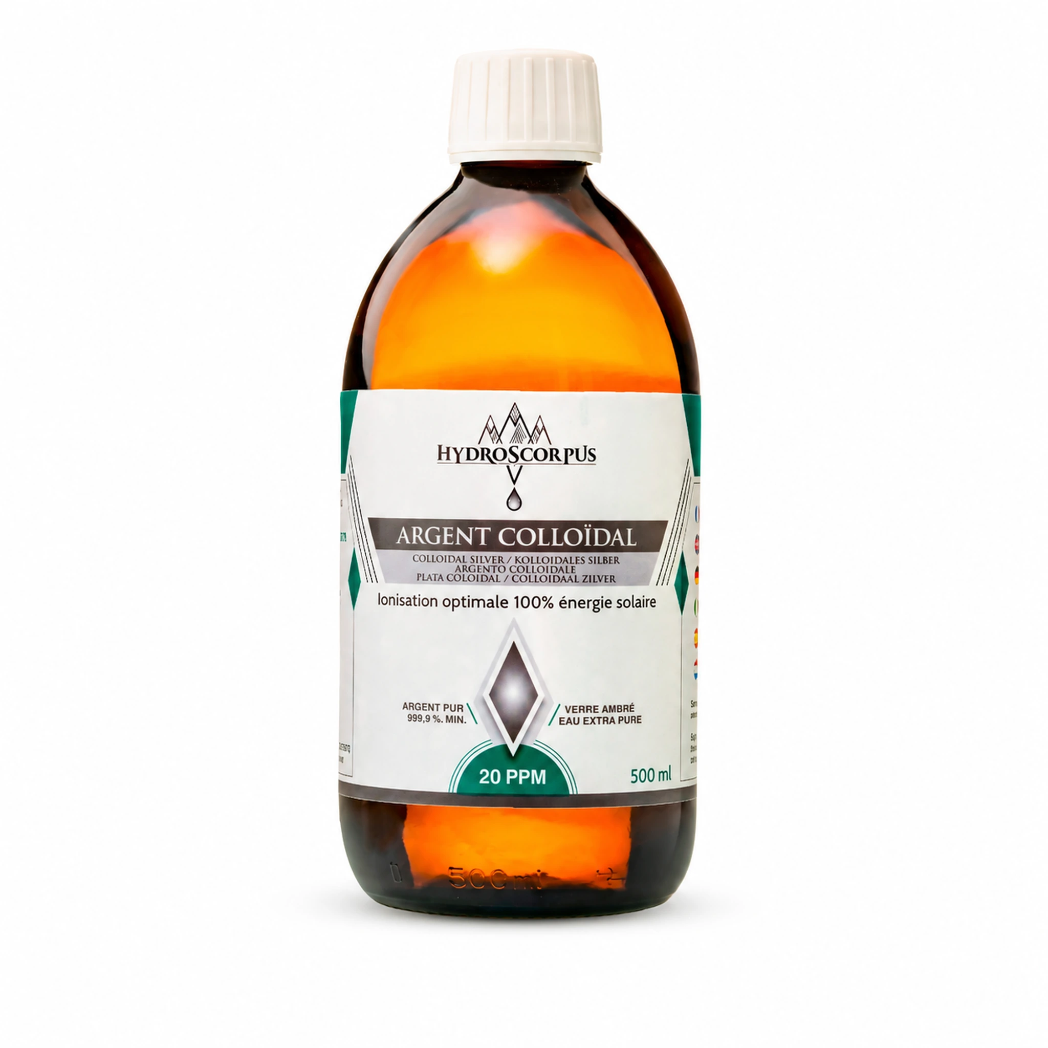 Bouteille en verre ambré Hydroscorpus de 500 ml d’argent colloïdal 20 PPM sur fond blanc.