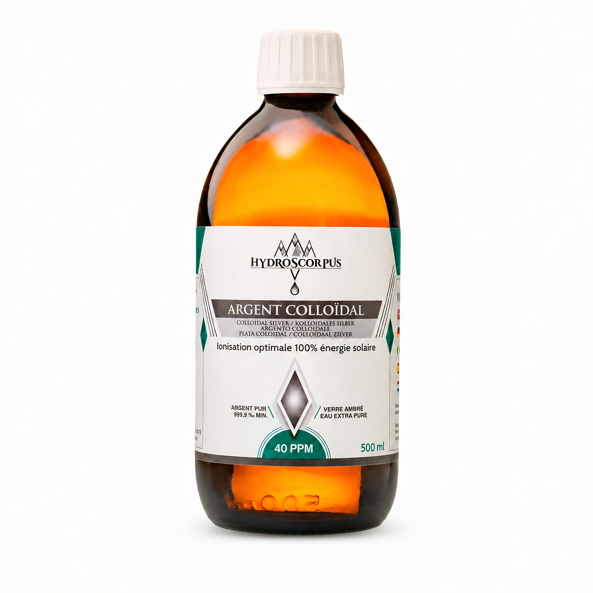 Bouteille en verre ambré Hydroscorpus de 500 ml d’argent colloïdal 40 PPM sur fond blanc.