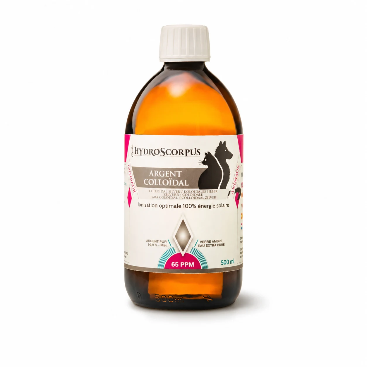 Bouteille en verre ambré Hydroscorpus de 500 ml d’argent colloïdal 65 PPM pour animaux sur fond blanc.
