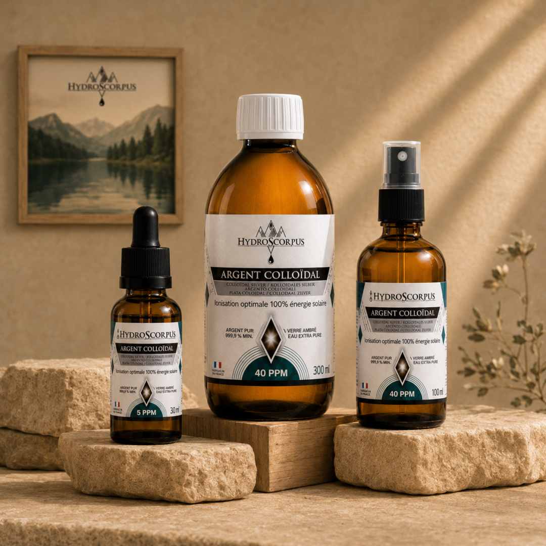 Pack argent colloïdal : compte-gouttes 5PPM, spray 40PPM et bouteille 40PPM