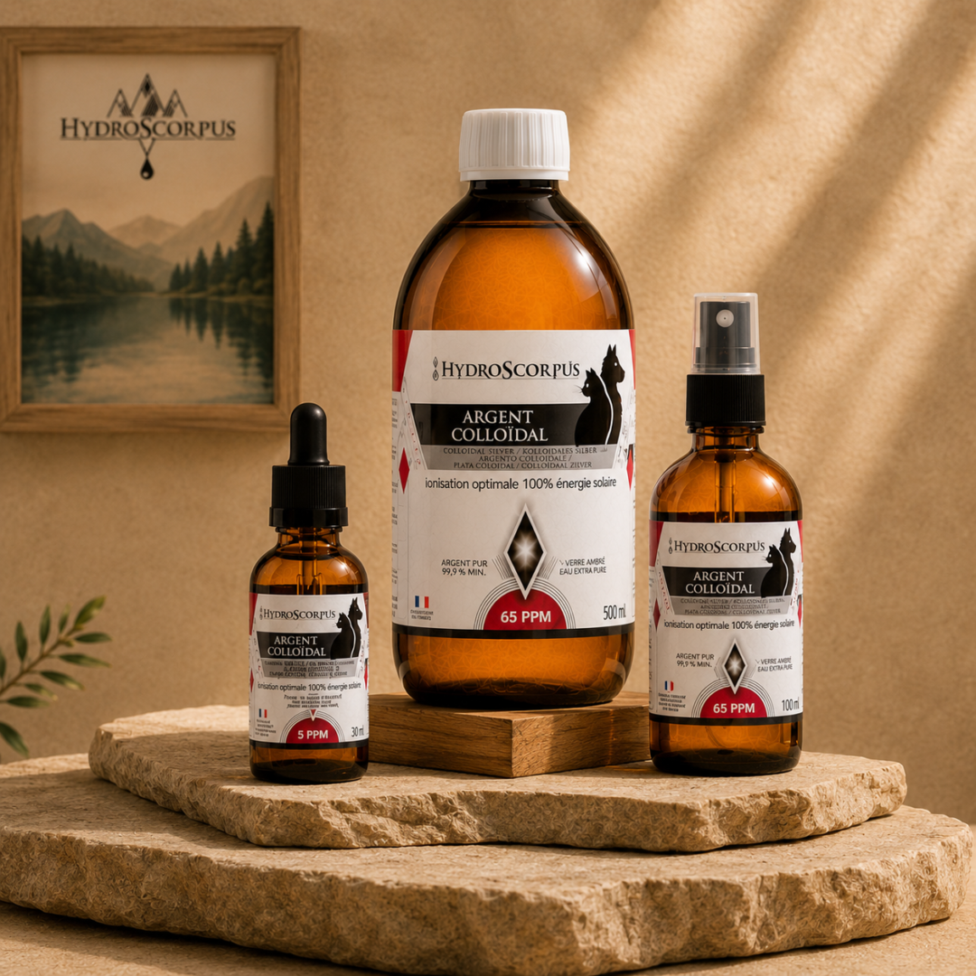 Pack argent colloïdal pour animaux : compte-gouttes 5PPM, spray 65PPM et bouteille 65PPM