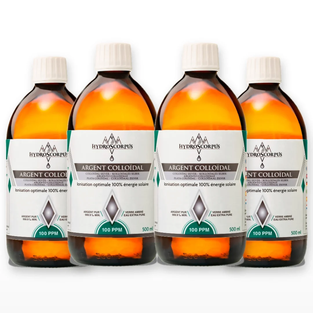 Lot de 4 bouteilles d’argent colloïdal Hydroscorpus 100 PPM en verre ambré 500 ml.