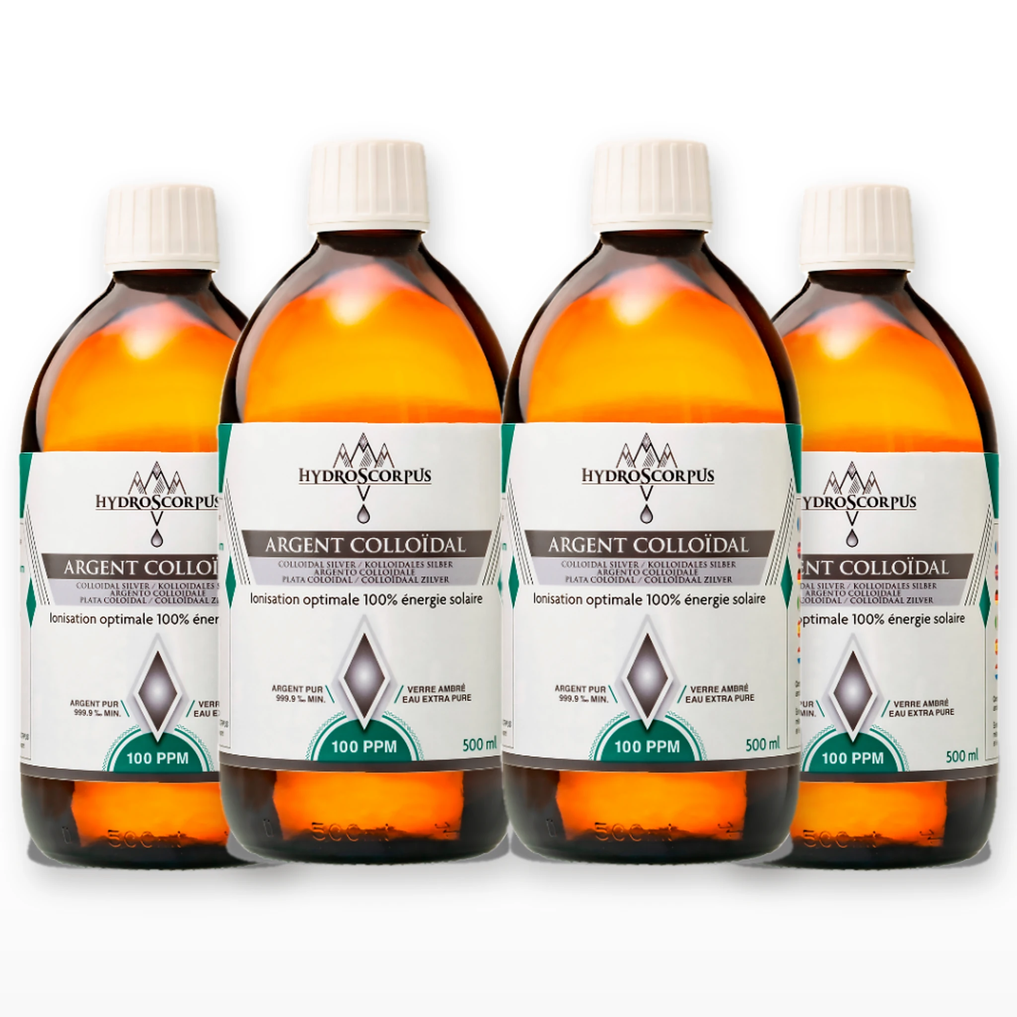 Lot de 4 bouteilles d’argent colloïdal Hydroscorpus 100 PPM en verre ambré 500 ml.