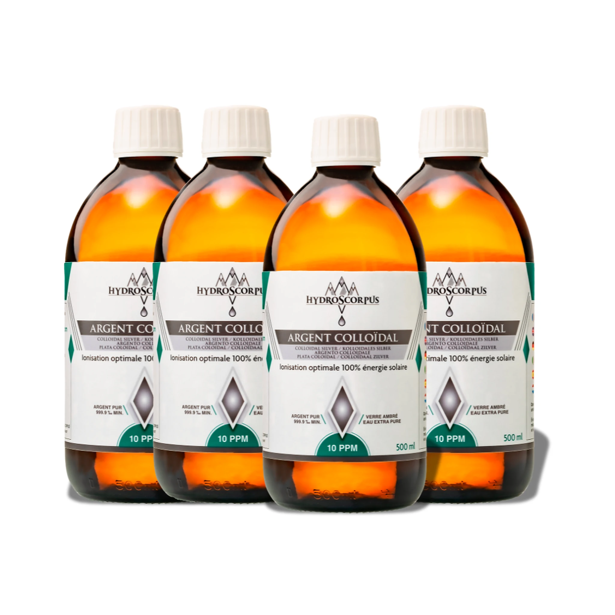 Lot de 4 bouteilles d’argent colloïdal Hydroscorpus 10 PPM en verre ambré 500 ml.