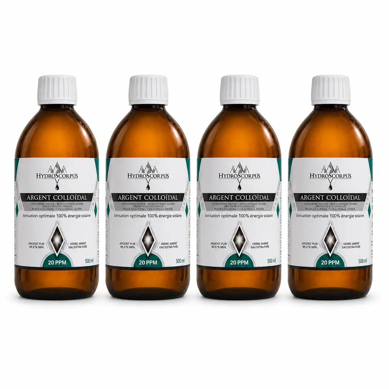 Lot de 4 bouteilles d’argent colloïdal Hydroscorpus 20 PPM en verre ambré 500 ml.