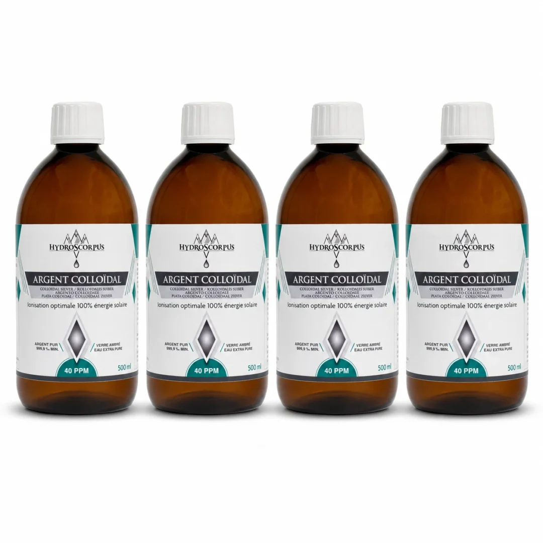 Lot de 4 bouteilles d’argent colloïdal Hydroscorpus 40 PPM en verre ambré 500 ml.