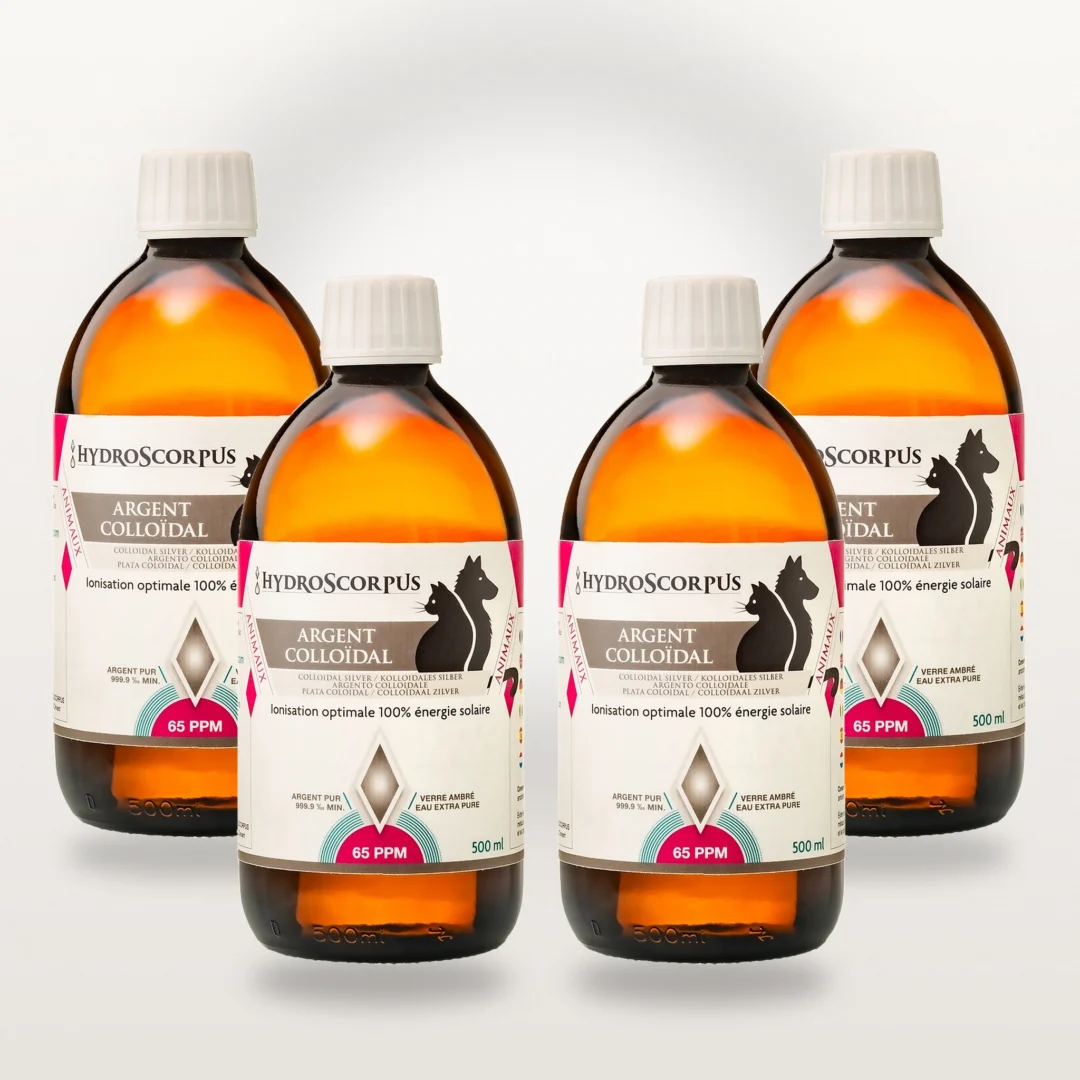 Vue alternative du lot de 4 bouteilles d’argent colloïdal Hydroscorpus 65 PPM pour animaux 500 ml.