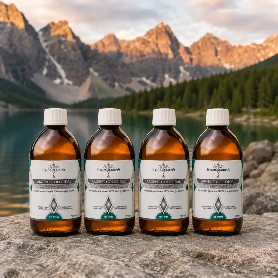 Lot de 4 bouteilles d’argent colloïdal Hydroscorpus 15 PPM en verre ambré 500 ml devant un lac et des montagnes.