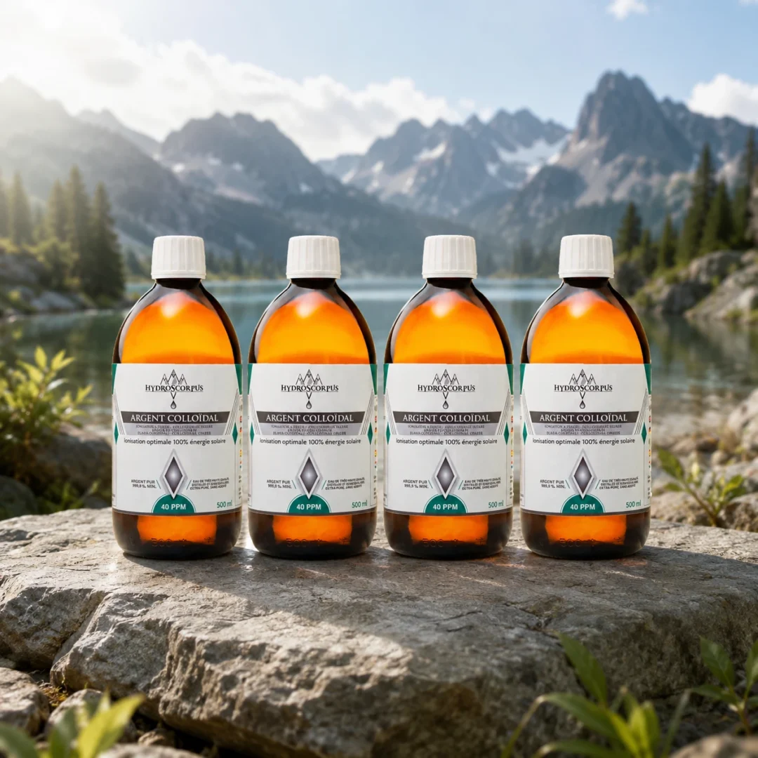 Lot de 4 bouteilles d’argent colloïdal Hydroscorpus 40 PPM en verre ambré 500 ml devant un lac et des montagnes.