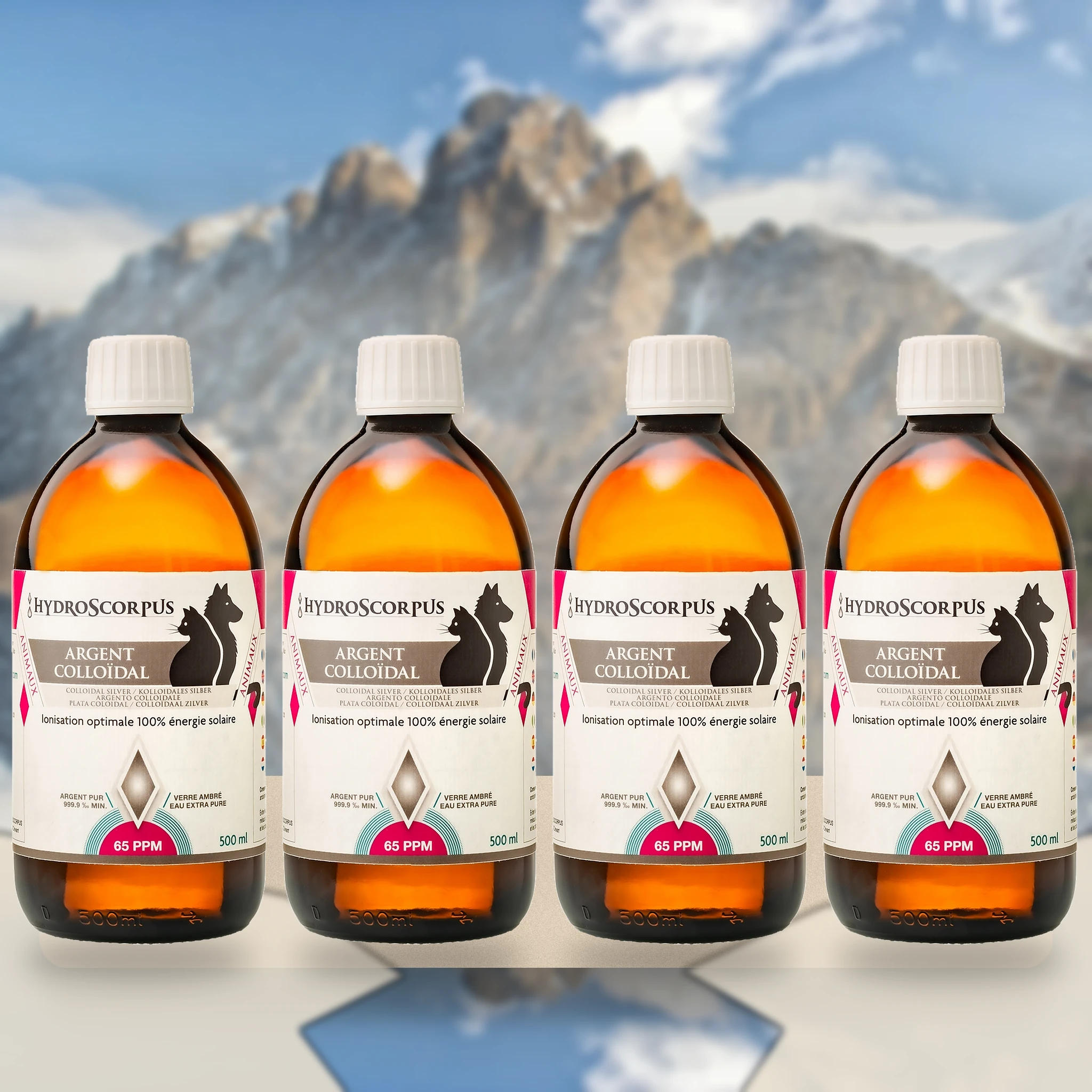 Lot de 4 bouteilles d’argent colloïdal Hydroscorpus 65 PPM pour animaux présenté dans une ambiance naturelle.