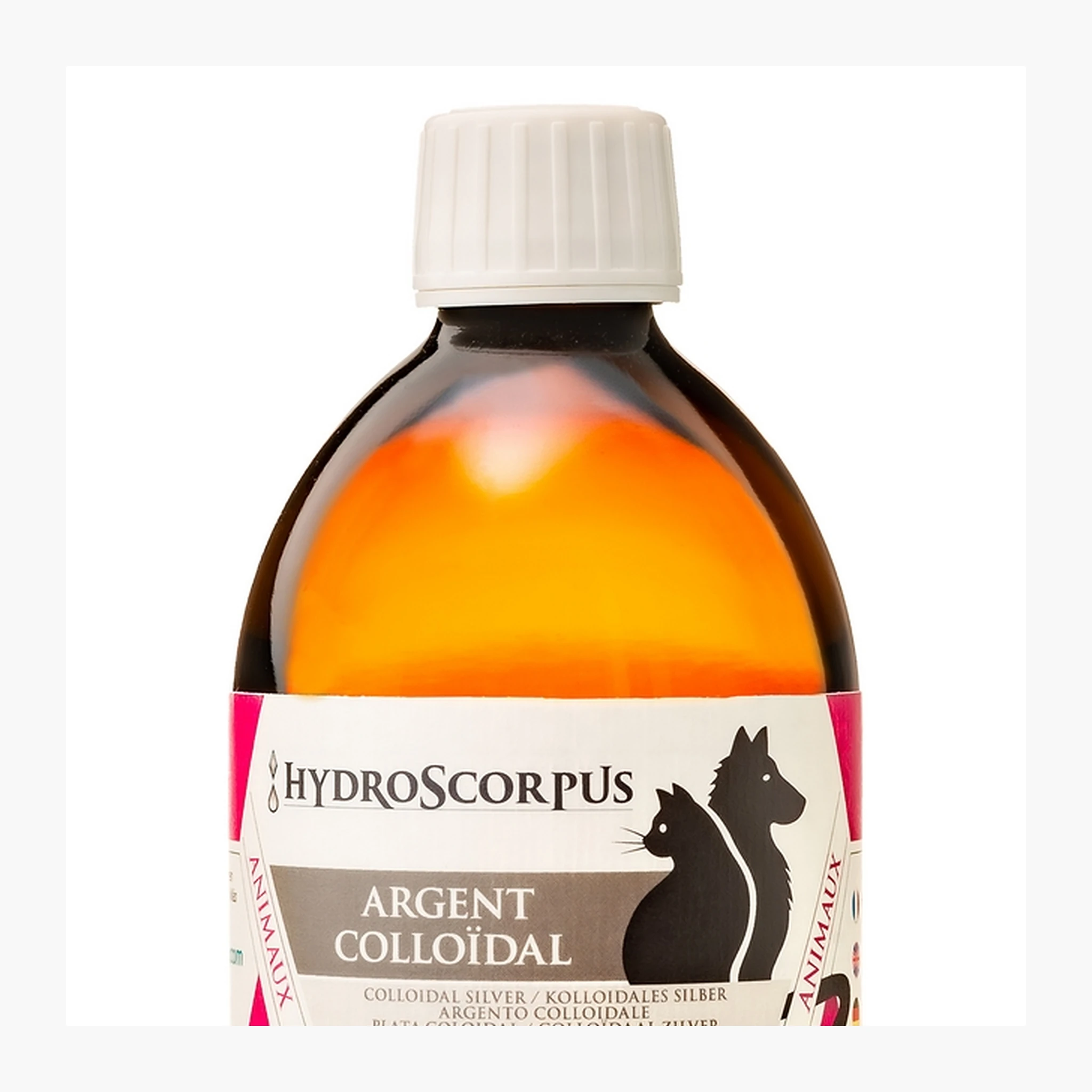 Détail du conditionnement d’une bouteille d’argent colloïdal Hydroscorpus 65 PPM pour animaux 500 ml.