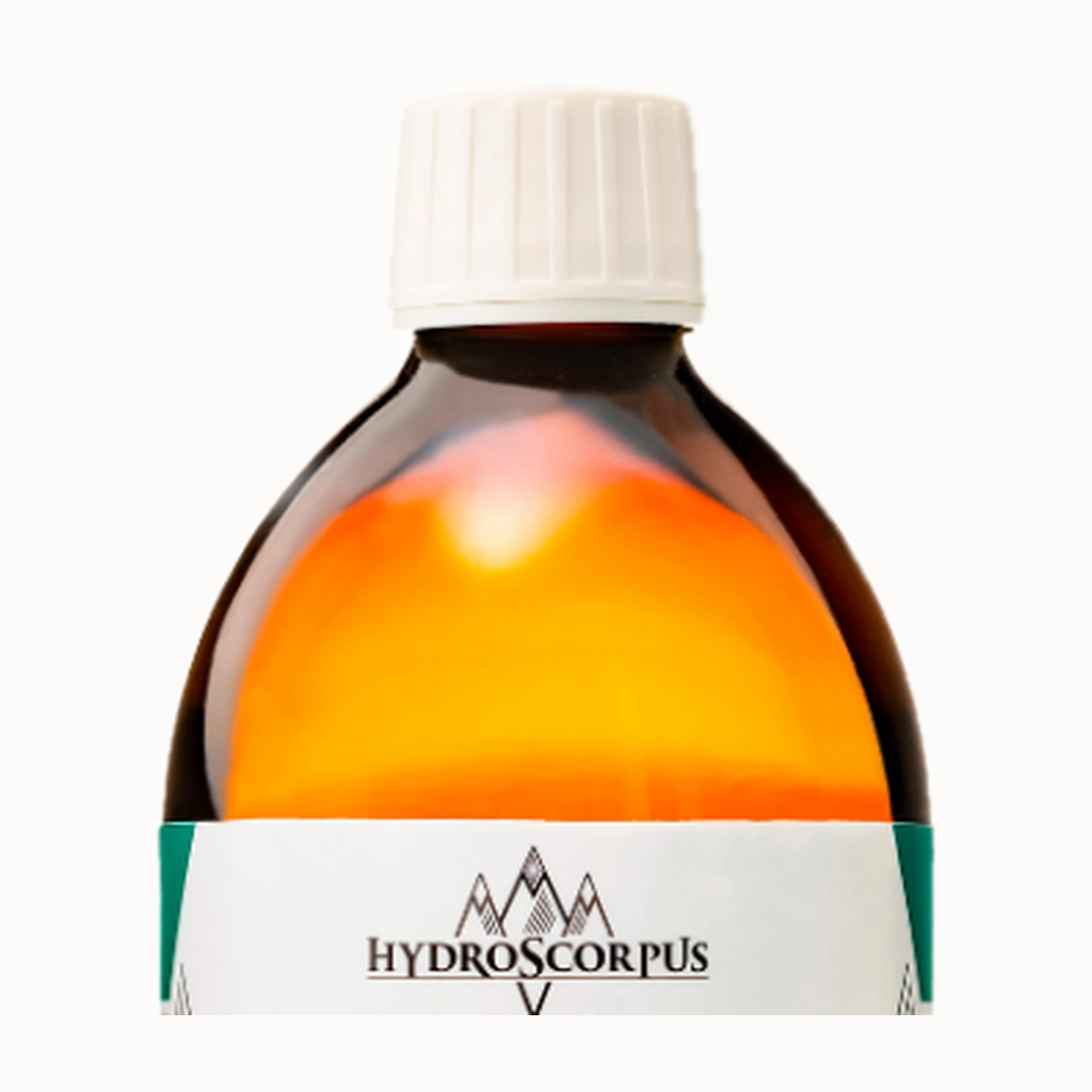 Détail du bouchon blanc et du verre ambré d’une bouteille Hydroscorpus 100 PPM de 500 ml.