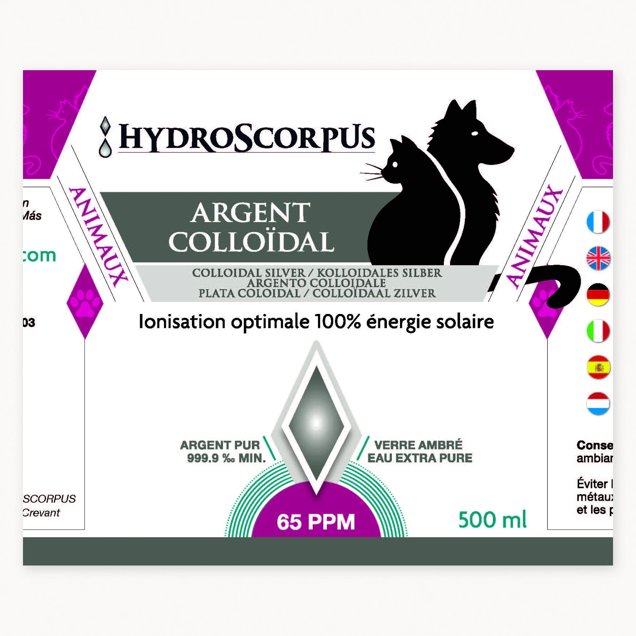 Zoom sur l’étiquette Hydroscorpus argent colloïdal 65 PPM pour animaux en bouteille 500 ml.