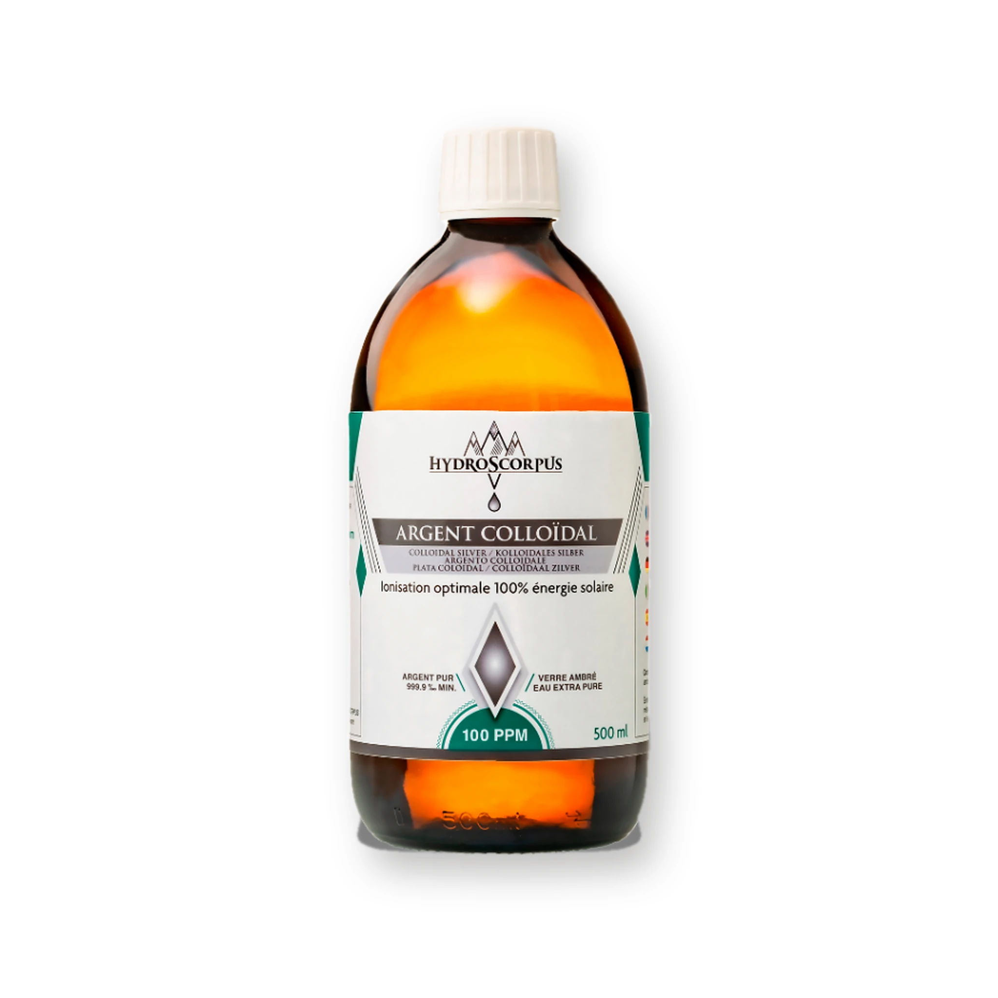 Bouteille en verre ambré de 500 ml d’argent colloïdal Hydroscorpus 100 PPM sur fond blanc.