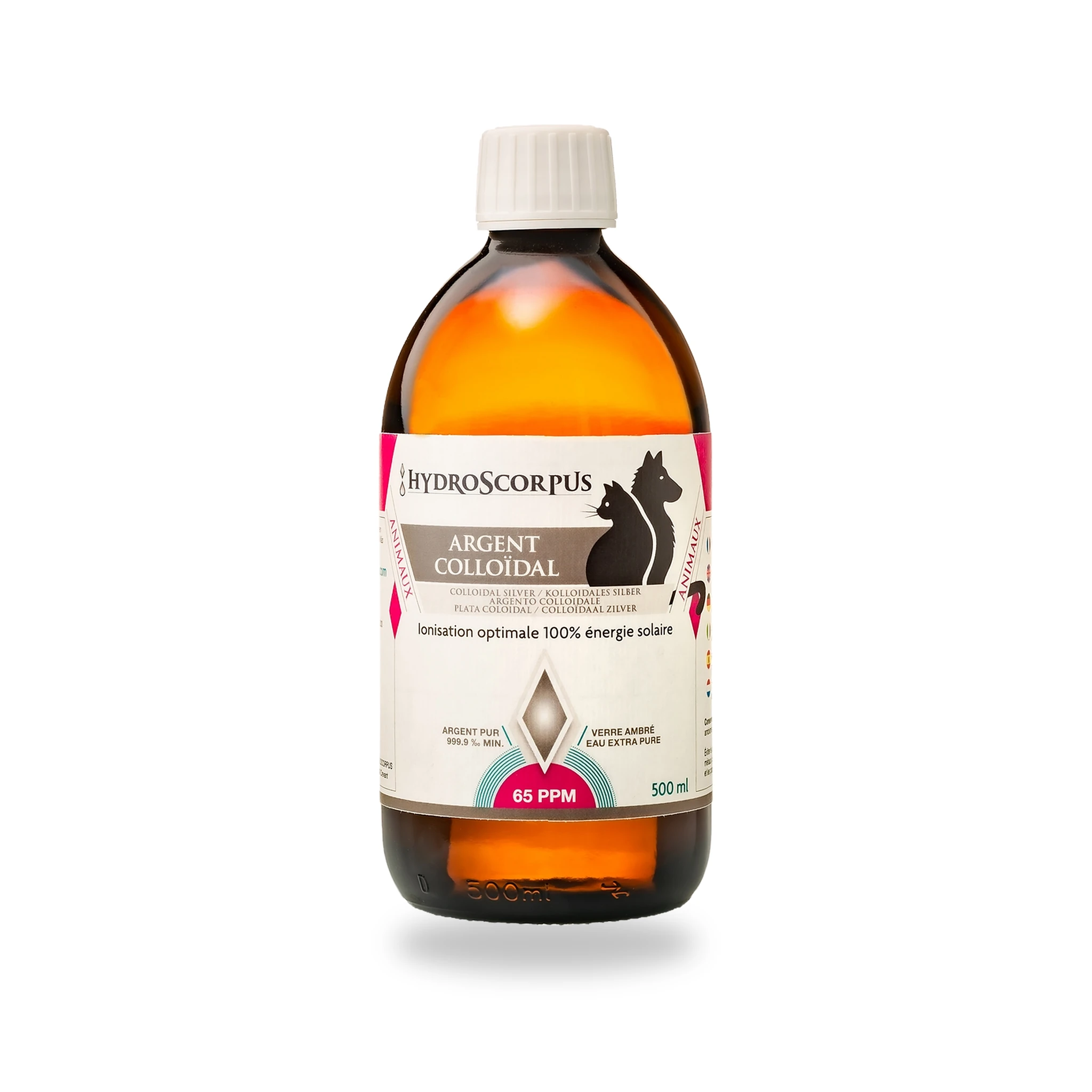Vue d’une bouteille du lot de 4 bouteilles d’argent colloïdal Hydroscorpus 65 PPM pour animaux 500 ml.
