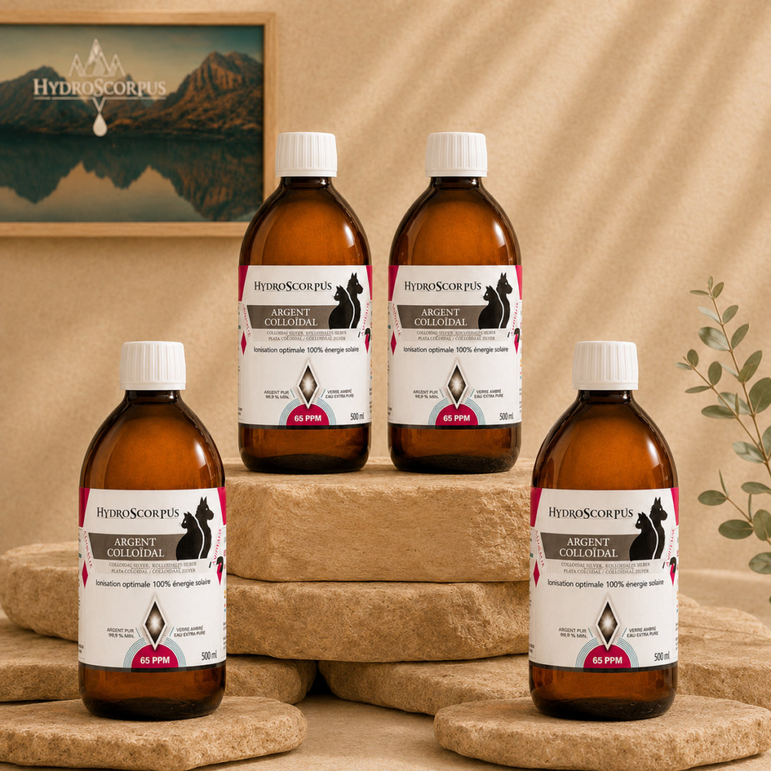 Lot de 4 bouteilles d’argent colloïdal 65PPM pour animaux